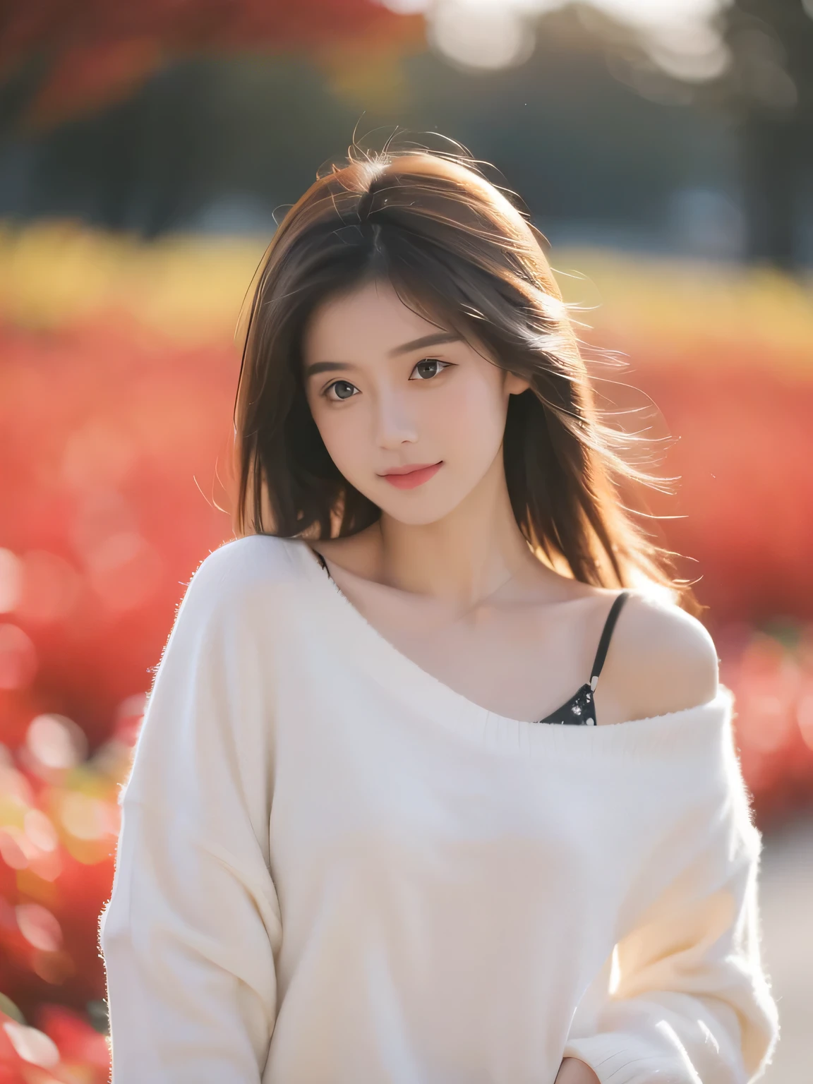 (8K, Best quality, tmasterpiece:1.2),(Best quality:1.0), (Ultra-high sharpness:1.0), aquarelle, a beautiful woman, bshoulder, shairband, by Agnes Cecil, Broken, Extremely luminous and bright design, pastelconk:1.3), Autumn lights,