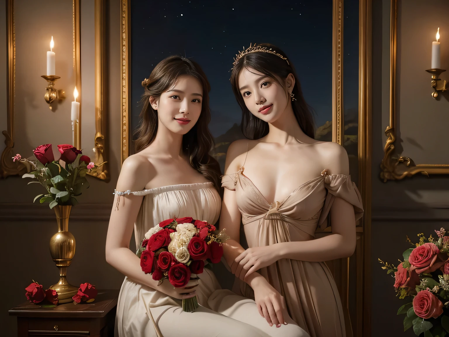 jack＝Louis David&#39;s painting style,Discussion between two female philosophers,math、astronomical machine、astronaut、roses in vase、fruit、Cute trinkets、smile、ancient greek costume、The background is a forest lake at night 、Clothes that stretch your shoulders、A big smile、beautiful bare skin、A detailed representation of the seducing woman throughout her body..