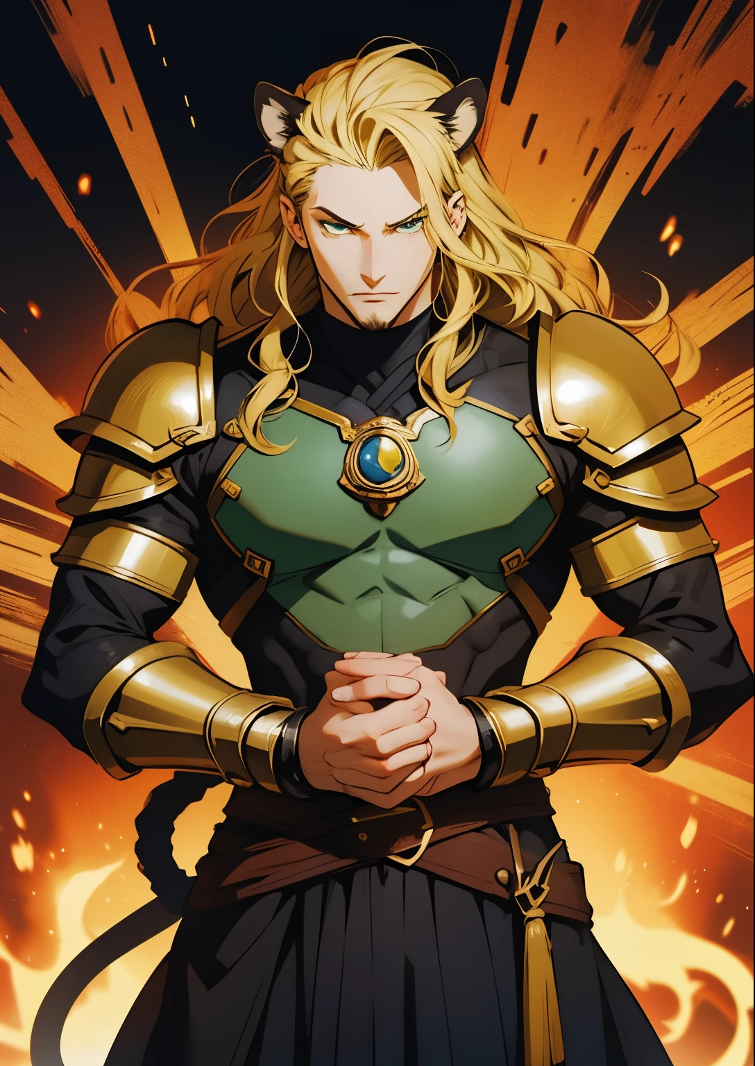 ((Hirohiko Araki style)), One male, lion ears, long hair, blond, blond hair, green eyes, tall, muscular, black fantasy heavy armor, beautiful face, ((highest quality)), ((masterpiece)), 2d, ((anime)), (perfect face), ((highest detail)), feline eyes, short beard, lion tail, wavy hair, ((half body)), intricate details, ((fantasy background)), ((solo)), young adult