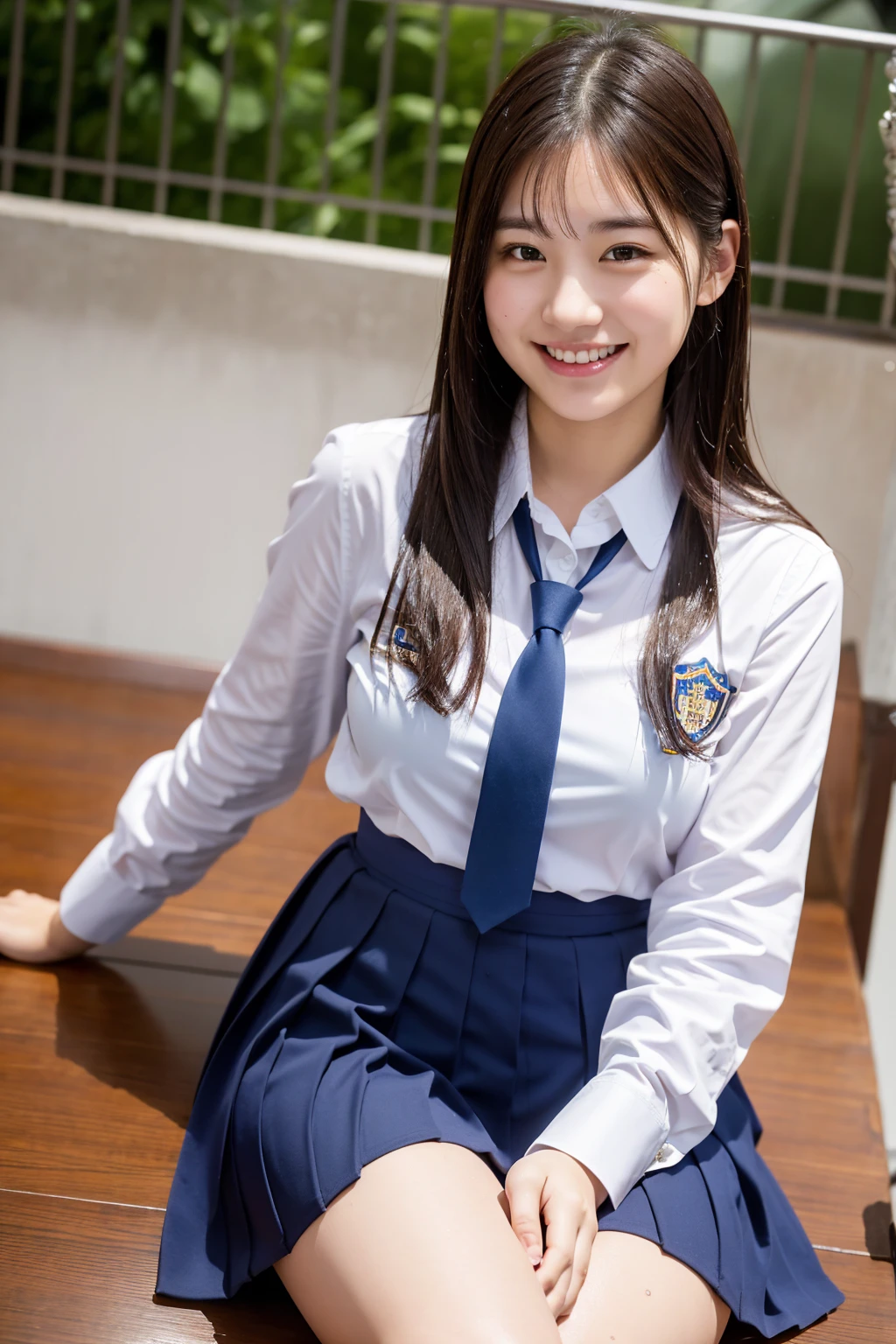 (8k), (highest quality: 1.2), (realistic), (realistic: 1.37), ultra high resolution, 1 girl, cute, smile, closed mouth, beautiful details, beautiful nose, whole body, wet hair, giant dulcefo, pork, school uniform, thighs