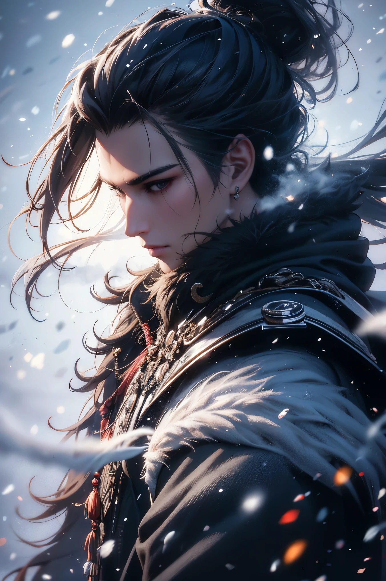 xuanyunxiake, solo, male focus, snowing, 1boy, looking at viewer, black hair, portrait, closed mouth, lips, snow, serious, single hair bun, black eyes, wind, topknot, blurry, brown hair, upper body
