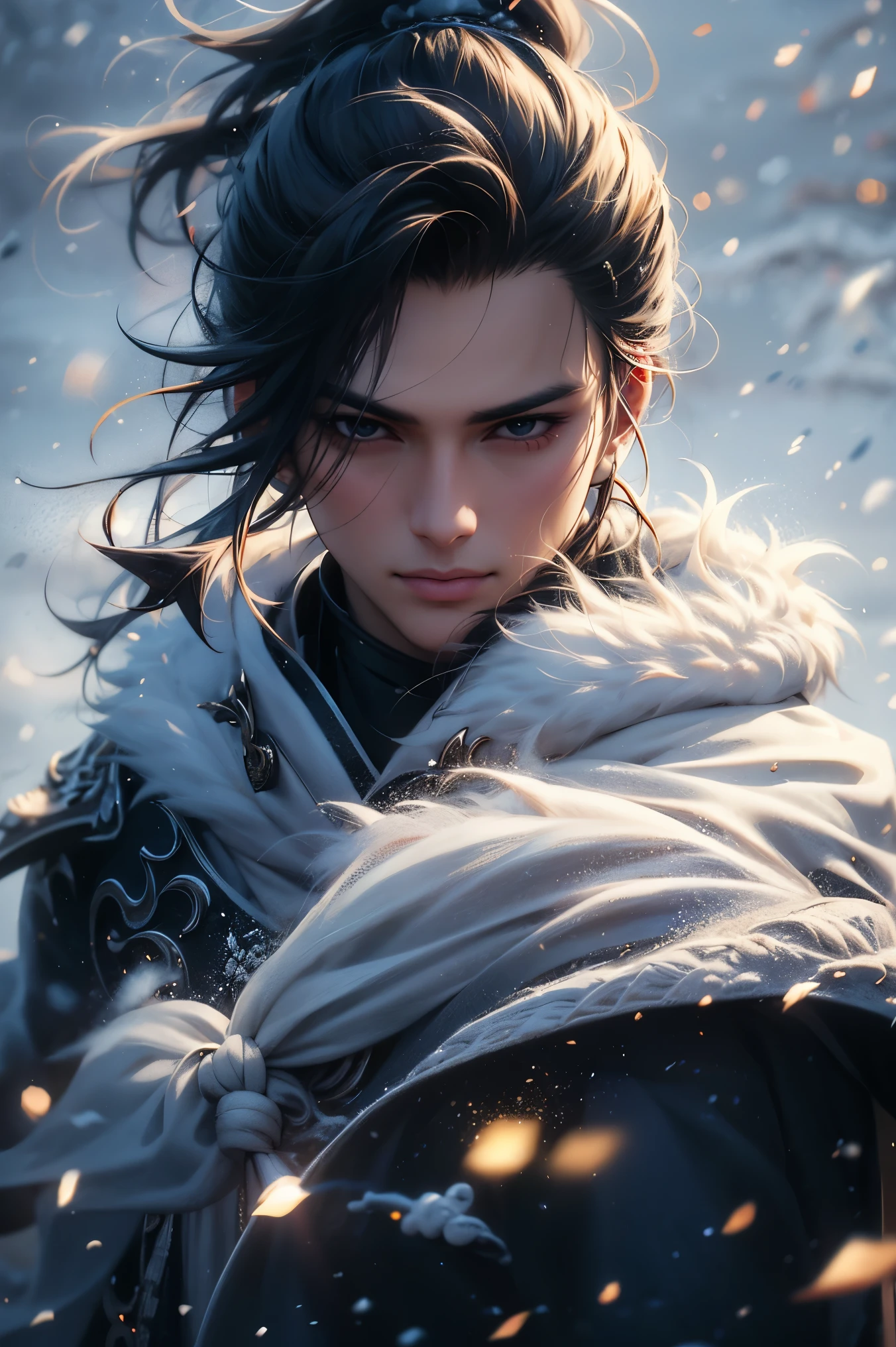xuanyunxiake, solo, male focus, snowing, 1boy, looking at viewer, black hair, portrait, closed mouth, lips, snow, serious, single hair bun, black eyes, wind, topknot, blurry, brown hair, upper body