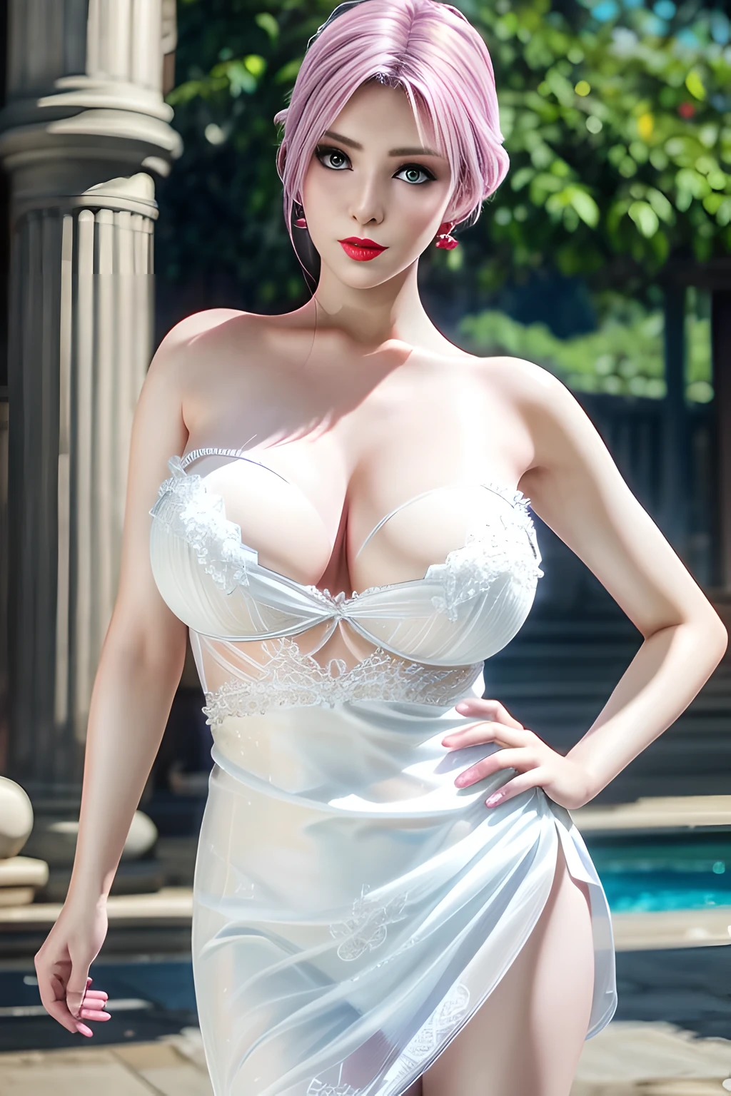 1 girl,Alice,(pajamas),(White strapless dress:1.4),Outdoor activities,  (standing posture),grace,(((red lips))), Lips slightly open,  clavicle,Lactation,(huge breasts:1.3),skin shiny,((8k, original photo, top quality, masterpiece), HD RAW color photos professional close-up photos, (actual, photorealism: 1.37), (best quality),8k,Fabric luster,alone,