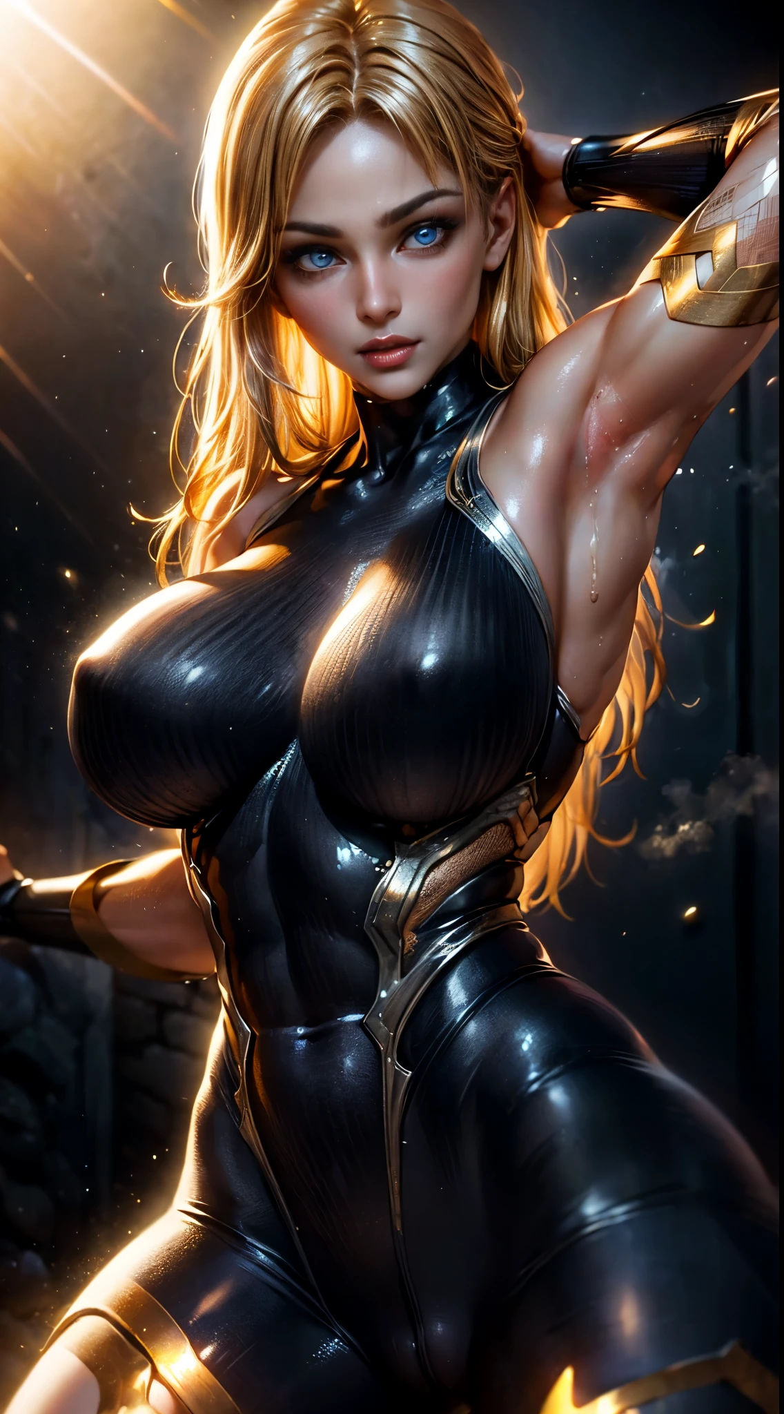 (best quality,4k,8k,highres,masterpiece:1.2),ultra-detailed,(realistic,photorealistic,photo-realistic:1.37),beautiful girl,long straight blonde hair,fit body,
ultra-detailed armpit,beautiful detailed sweat pores,smooth skin texture,meticulously rendered, pinkish armpit, smelly,
(sleeveless black bodysuit, glowing golden linings), (steamy:1.2), beautiful blue eyes, (seductive face:1.2), ((black skin:1.2)),
((lightbloom)), volumetric lighting, soft lighting, bokeh.