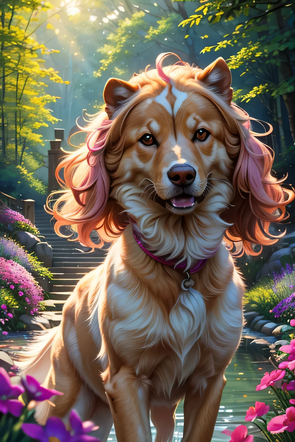 (a) 10-year-old girl, running after her little pet, wearing a flowing gown, (ultra-detailed) delicate embroidery, (vivid colors) pastel pink and lavender, (realistic) sunlight casting soft shadows, (extremely detailed) curly hair bouncing with each step, (bright, cheerful) smile on her face, (best quality, highres) capturing the joy in her eyes, (sharp focus) capturing every freckle on her nose, (portrait, warm tones) surroundings filled with a warm glow, (soft, gentle lighting) illuminating the scene, (soft focus) highlighting the lush greenery, (clear, flowing) stream next to her, (calm, tranquil) sounds of nature filling the air, (realistic) small pebbles lining the path she runs on, (painting, impressionistic style) vibrant brushstrokes capturing the movement, (detail, texture) highlighted on the dog's fur, (detailed enough to count each strand), (medium:oil painting) aesthetic, (photorealistic) petals of various flowers scattered throughout the scene, (detail, color) matching the vibrant colors of her dress, (concept art) showcasing their journey through the enchanting forest, (professional, masterpiece) capturing a magical moment between a girl and her beloved pet, (UHD, HDR) bringing every detail to life.