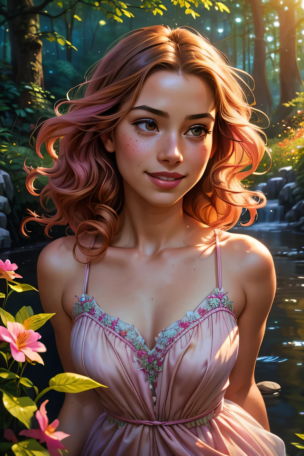 (a) -yeld gi running after her little pet, wearing a flowing gown, (ultra-detailed) delicate embroidery, (vivid colors) pastel pink and lavender, (realistic) sunlight casting soft shadows, (extremely detailed) curly hair bouncing with each step, (bright, cheerful) smile on her face, (best quality, highres) capturing the joy in her eyes, (sharp focus) capturing every freckle on her nose, (portrait, warm tones) surroundings filled with a warm glow, (soft, gentle lighting) illuminating the scene, (soft focus) highlighting the lush greenery, (clear, flowing) stream next to her, (calm, tranquil) sounds of nature filling the air, (realistic) small pebbles lining the path she runs on, (painting, impressionistic style) vibrant brushstrokes capturing the movement, (detail, texture) highlighted on the dog's fur, (detailed enough to count each strand), (medium:oil painting) aesthetic, (photorealistic) petals of various flowers scattered throughout the scene, (detail, color) matching the vibrant colors of her dress, (concept art) showcasing their journey through the enchanting forest, (professional, masterpiece) capturing a magical moment between a girl and her beloved pet, (UHD, HDR) bringing every detail to life.