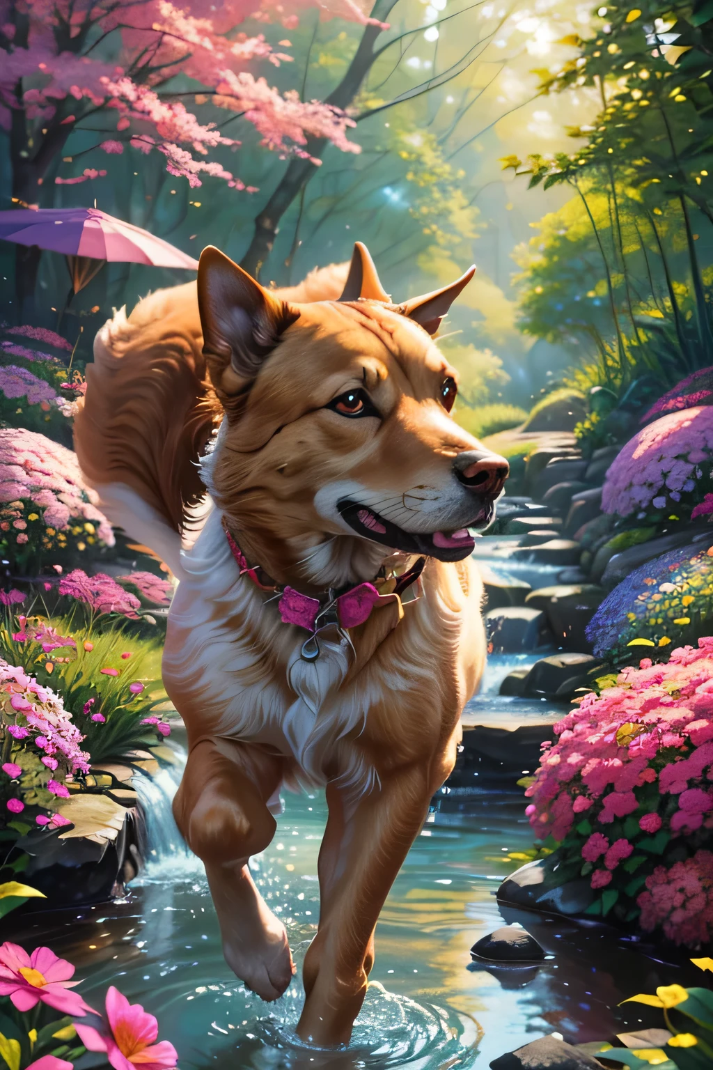 (a) , running after her little pet, wearing a flowing gown, (ultra-detailed) delicate embroidery, (vivid colors) pastel pink and lavender, (realistic) sunlight casting soft shadows, (extremely detailed) curly hair bouncing with each step, (bright, cheerful) smile on her face, (best quality, highres) capturing the joy in her eyes, (sharp focus) capturing every freckle on her nose, (portrait, warm tones) surroundings filled with a warm glow, (soft, gentle lighting) illuminating the scene, (soft focus) highlighting the lush greenery, (clear, flowing) stream next to her, (calm, tranquil) sounds of nature filling the air, (realistic) small pebbles lining the path she runs on, (painting, impressionistic style) vibrant brushstrokes capturing the movement, (detail, texture) highlighted on the dog's fur, (detailed enough to count each strand), (medium:oil painting) aesthetic, (photorealistic) petals of various flowers scattered throughout the scene, (detail, color) matching the vibrant colors of her dress, (concept art) showcasing their journey through the enchanting forest, (professional, masterpiece) capturing a magical moment between a girl and her beloved pet, (UHD, HDR) bringing every detail to life.