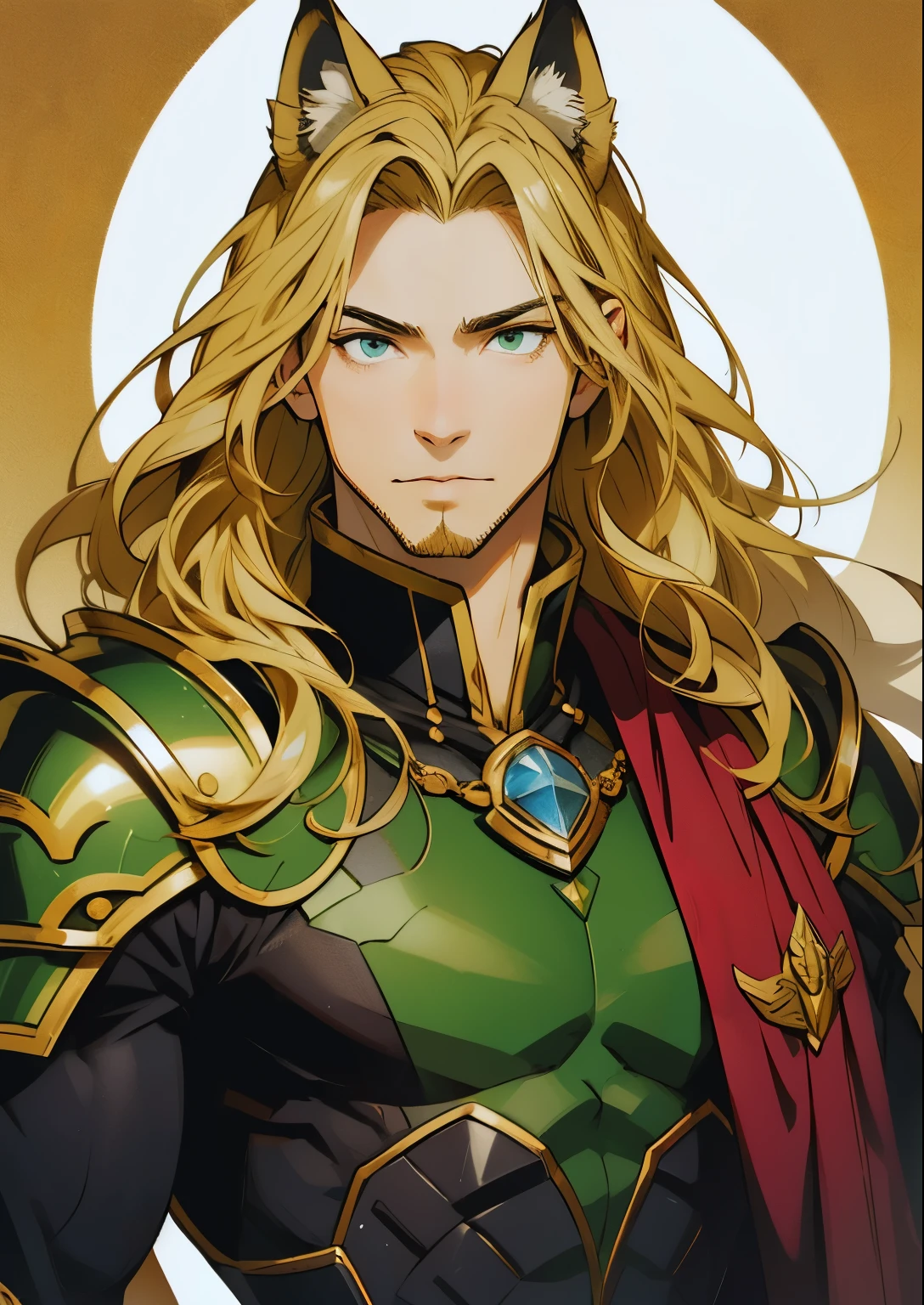 ((Hirohiko Araki style)), One male, lion ears, long hair, blond, blond hair, green eyes, tall, muscular, black fantasy heavy armor, beautiful face, ((highest quality)), ((masterpiece)), 2d, ((anime)), (perfect face), ((highest detail)), feline eyes, short beard, lion tail, wavy hair, ((half body)), intricate details, ((fantasy background)), ((solo)), 