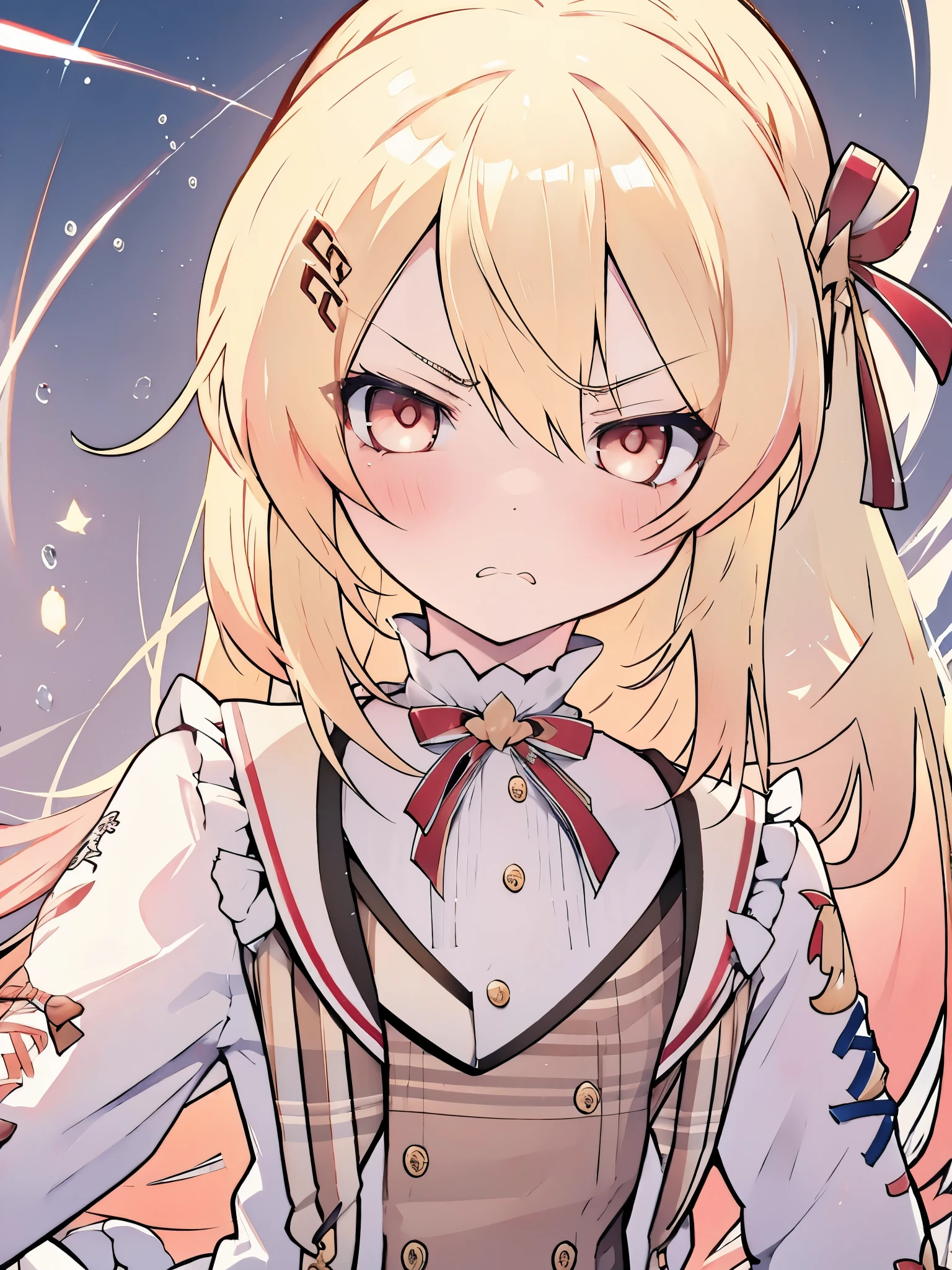 Otonose Kanade, hololive, blonde, light red eyes, blush , ((angry face)), beautiful eyes, detailed eyes, 4k, masterpiece, upper body, colorful, cute face, illustration, 