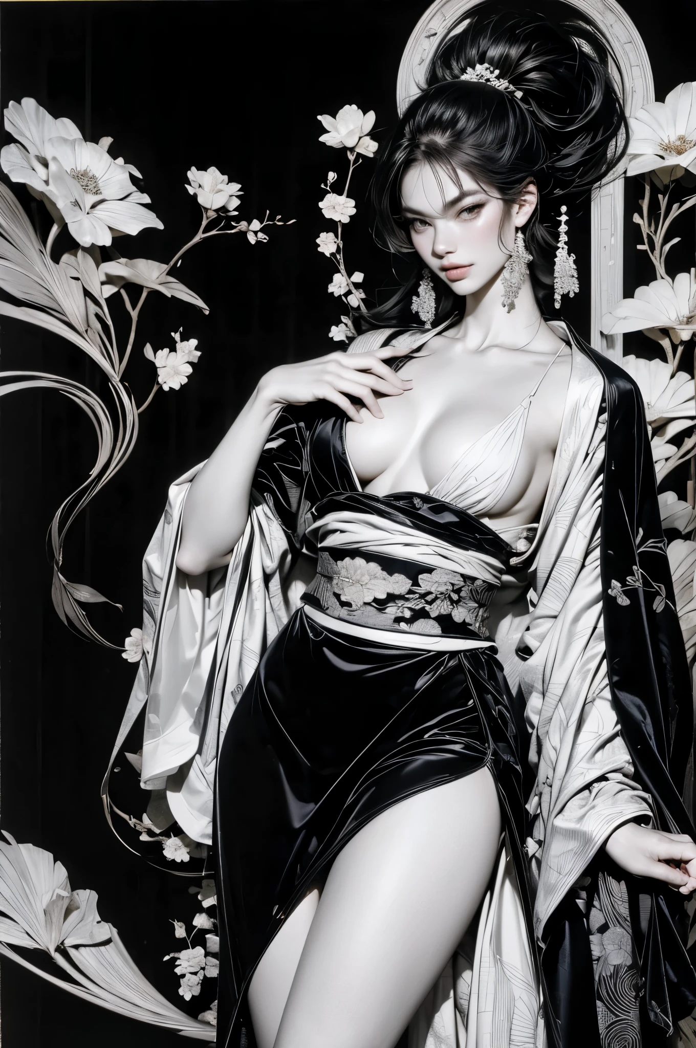 Umalinda warrior sexy, pretty face, Delicious Company, Alluring figure, Wearing a sexy open kimono. The artwork is created in a medium reminiscent of Japanese ink paintings....., 具有大胆的笔触和Monochromatic color palette. artist'Masterful technique reveals the intensity and power of the image'sense of presence,with the highest quality, Perfectly capture every detail with ultra-high resolution. Textures and intricate patterns on kimonos are rendered with extreme precision. Lighting is carefully designed,Enhance drama, Features deep shadows and subtle highlights. General, The artwork exudes elegance and power, Combining traditional Japanese aesthetics with a modern feel. Monochromatic color palette, Combine details, Create captivating and immersive experiences for your audience.