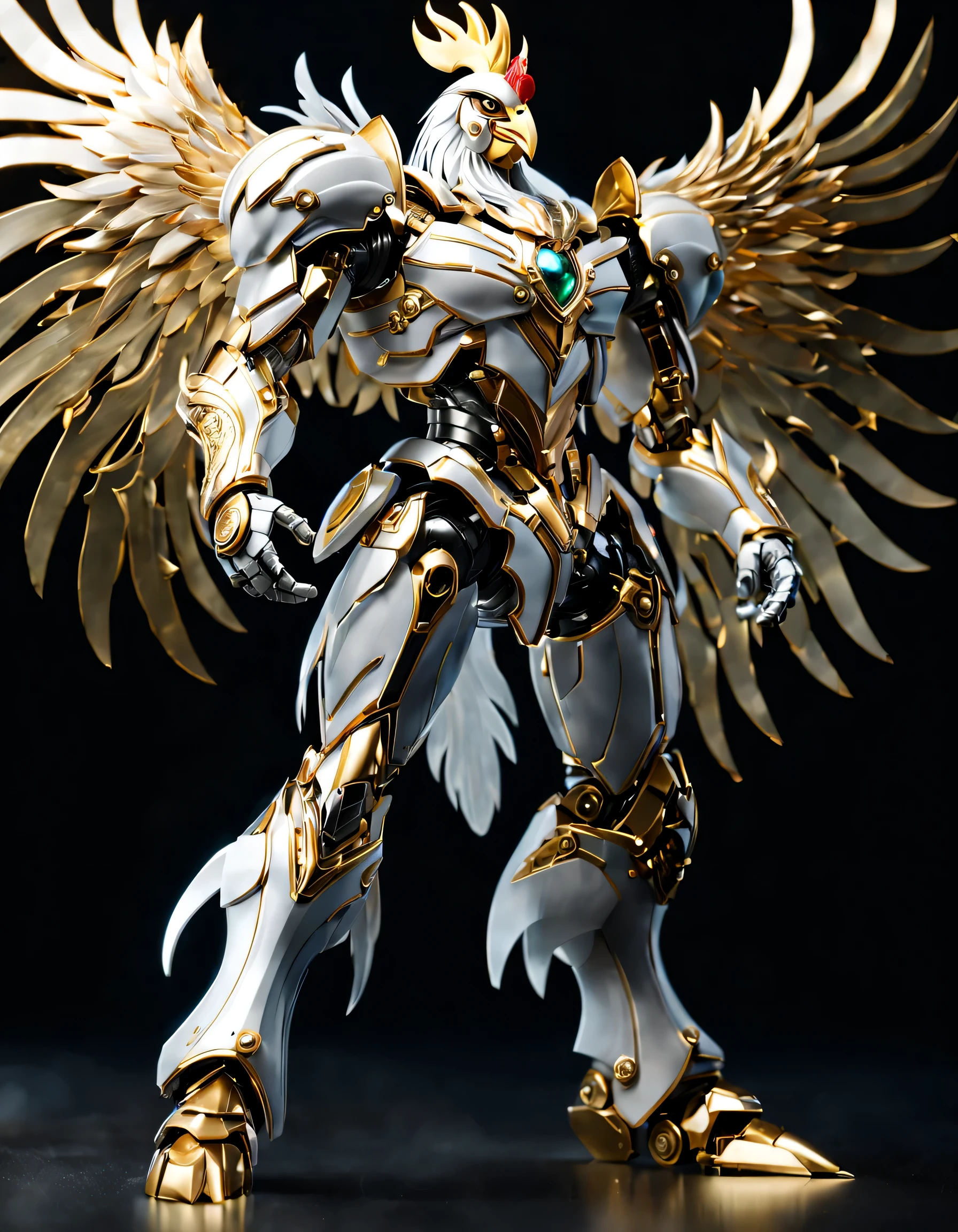 (full-body shot:1.5), (full view:1.5), personification,Pure black background, A white and gold rooster transparent mecha stands on the ground，Get into a fighting stance,Exquisite white transparent glass mechanical armor, Metal mechanical mask, Precision luminous electronic eye,(The internal structure is complex and precise:1.2), Exquisite and complex golden mecha texture, (gold mechanical thread:1.2), (Well-designed, high detail, masterpiece, best quality, ultra high definition, Sharpen details, ,metallic feel),New Jersey RS