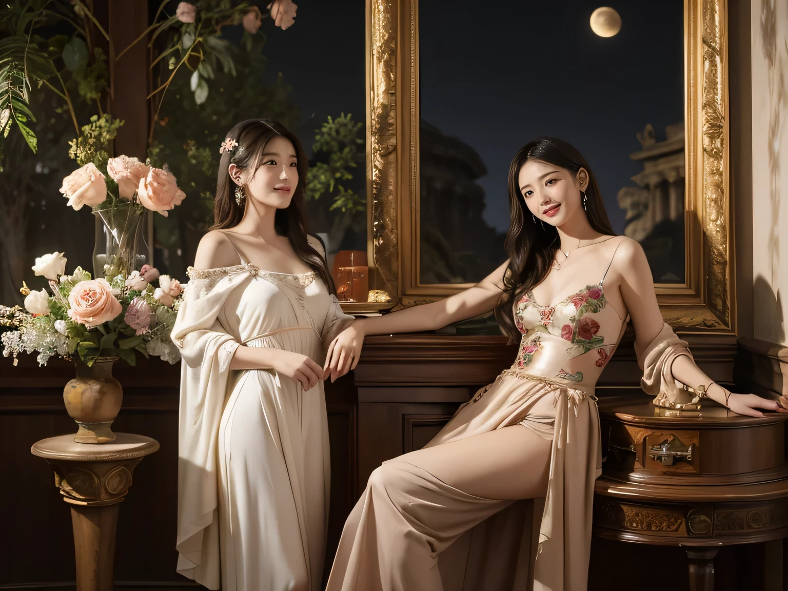 Giorgione painting style,Arguments of two female Philosophe,math、astronomical machine、astronaut、roses in vase、fruits、Cute trinkets、smile、ancient greek costume、Background is a forest lake at night 、Clothes that stretch your shoulders、A big smile、beautiful bare skin、A detailed representation of the seducing woman throughout her body.