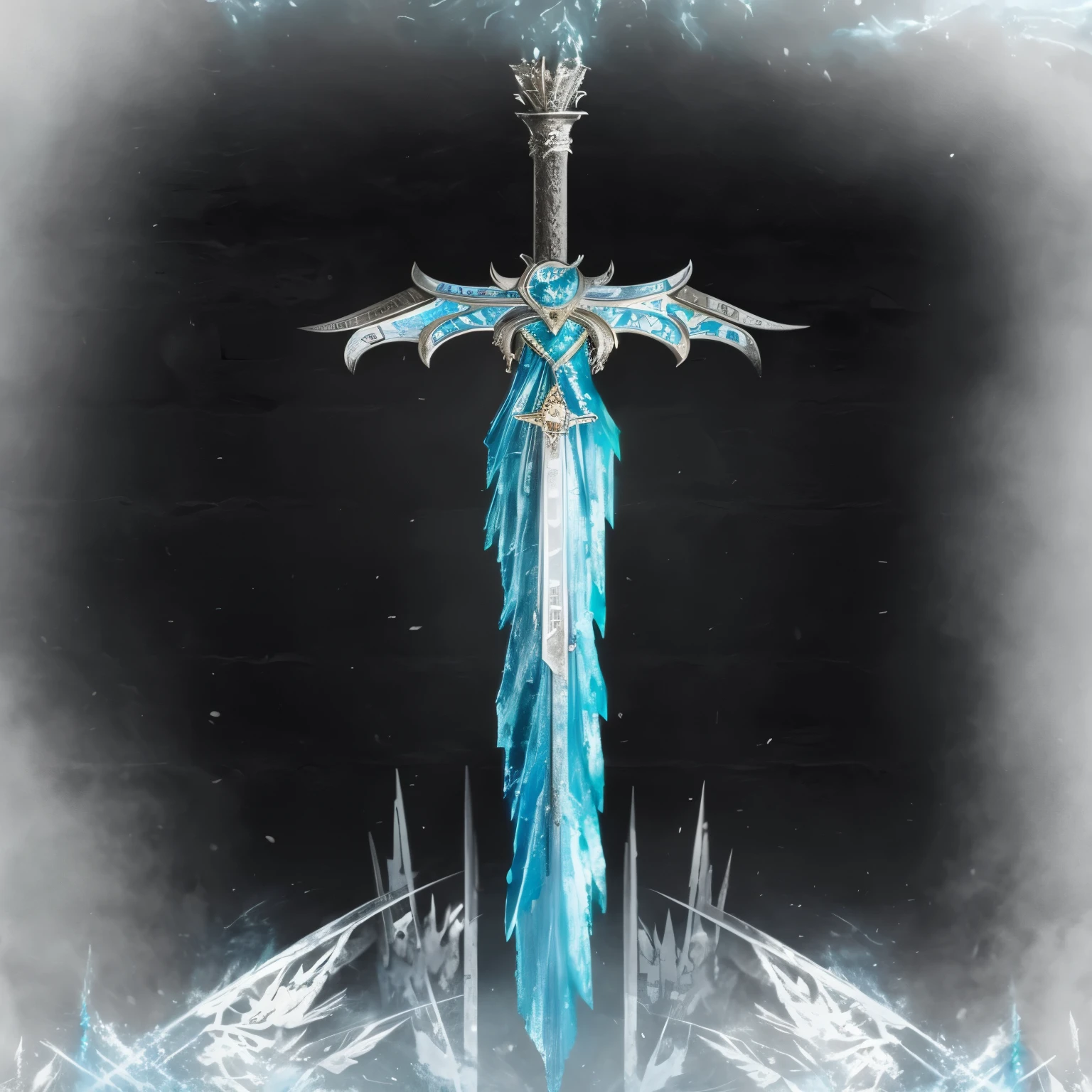 there is a blue sword with a blue and white design, ice sorceress, sword and wand – water, Armadura de cristal de gelo, rainha do gelo e da tempestade, desenho de espada, Warhammer Nagash Alta Costura, ghost blade style, mago de gelo, intricate fantasy spear, espada de fantasia, Obelisco de vidro do vazio, senhor do gelo