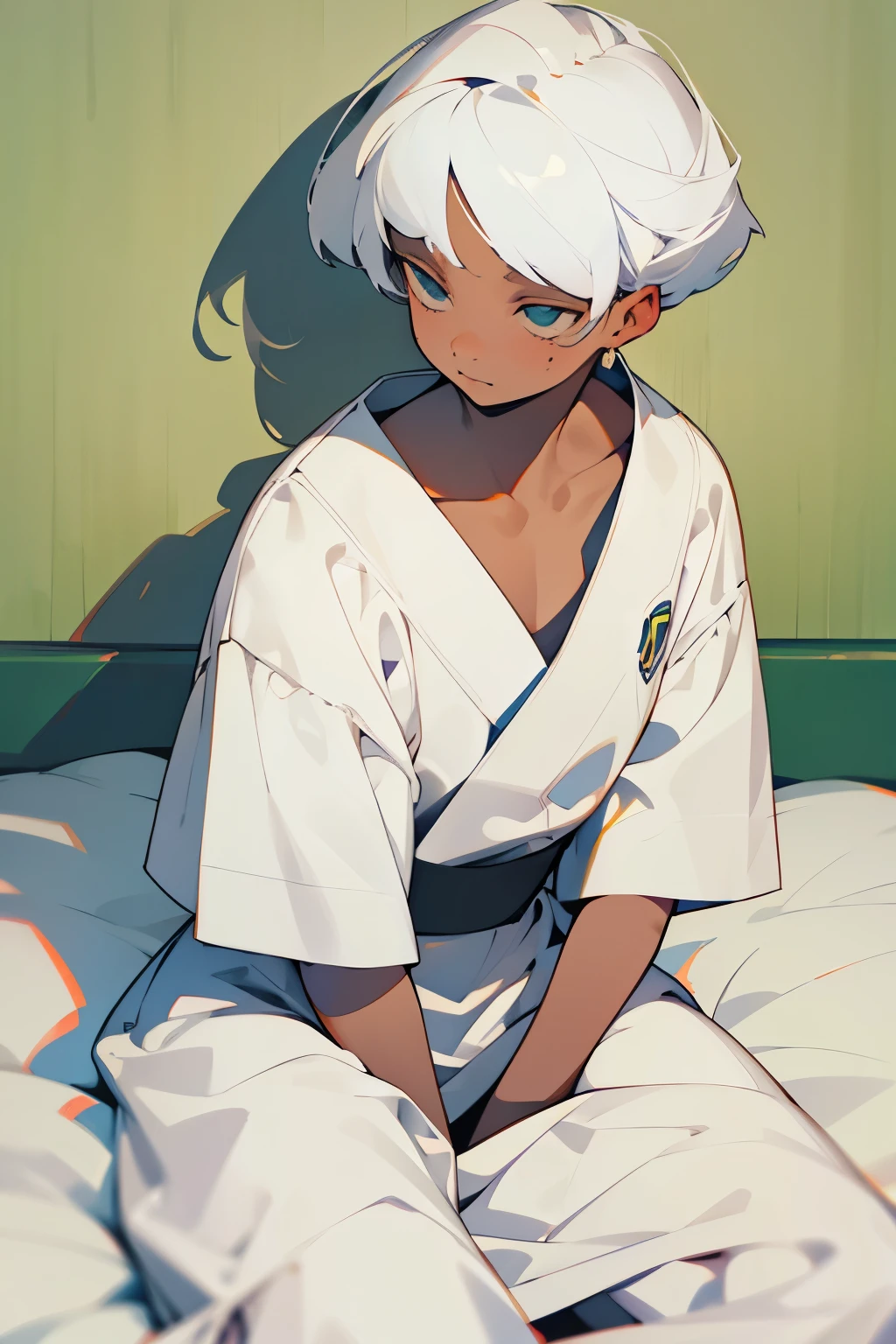 white hair,There are four small corners,woman,Loose shirt,Lazy sitting on the bed,Shoulder on one side,There is some white liquid on the body
