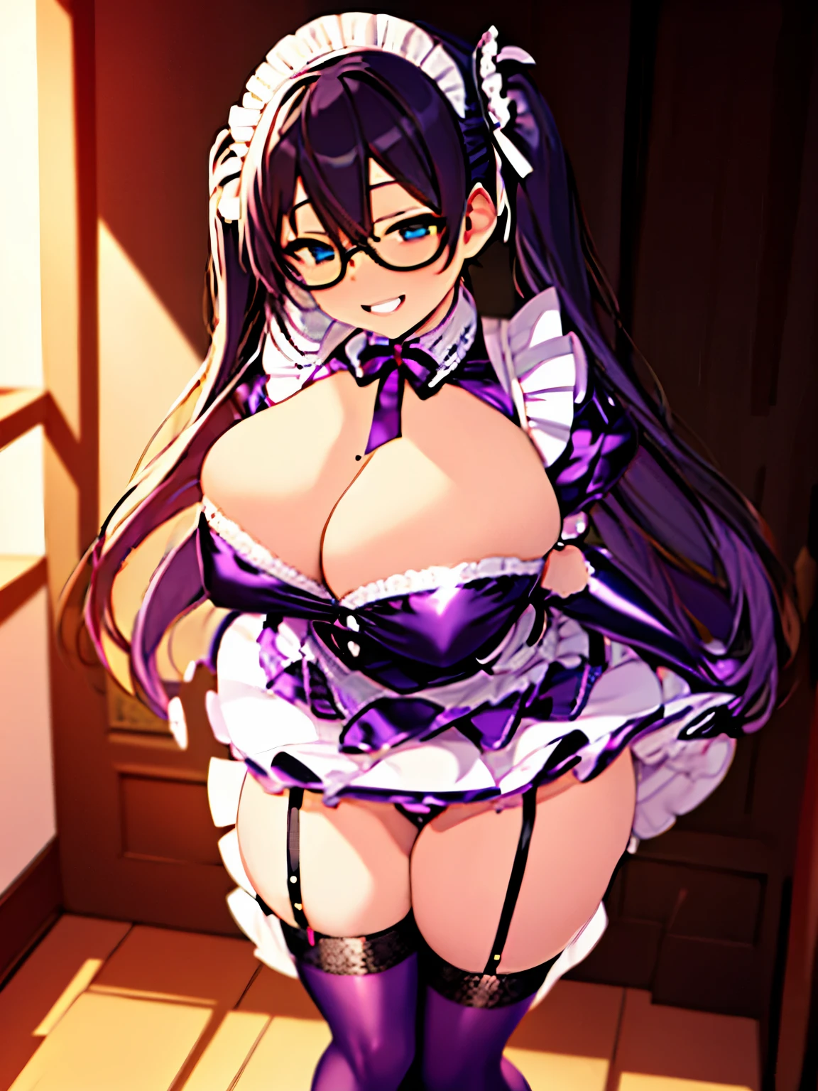 high quality,masterpiece。cute woman。She stands upright with her face and body facing the viewer,true identity。her hands are empty,Do not pose your hands。her hair is black and long,Hair style is long twin tails。she looks tall。Her breasts are huge and very big,Good style。She has a cute face that looks good with glasses and is smiling with her glasses on.,Both eyes are the same color。The outfit is a purple maid outfit made of PVC costume.,Maid clothes with fancy decorations such as ribbons and frills,The skirt of the maid uniform is a miniskirt.,Long gloves on both hands,The maid outfit, skirt, and long gloves are a shiny purple PVC costume that reflects the light.。Garter socks on both legs,Garters and socks are black。she is standing,The place you are standing is indoors。