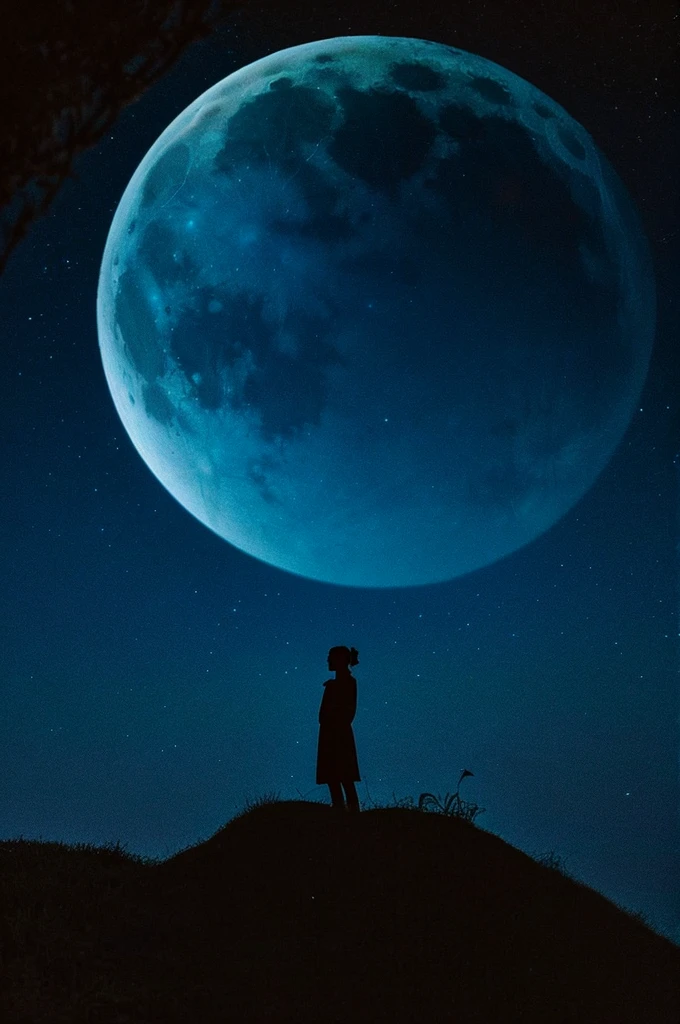 highest quality,big moon and shadow,A silhouette of a person can be seen against the background of the big moon.,There is one full moon,There is a mood,beautiful scenery,starry sky