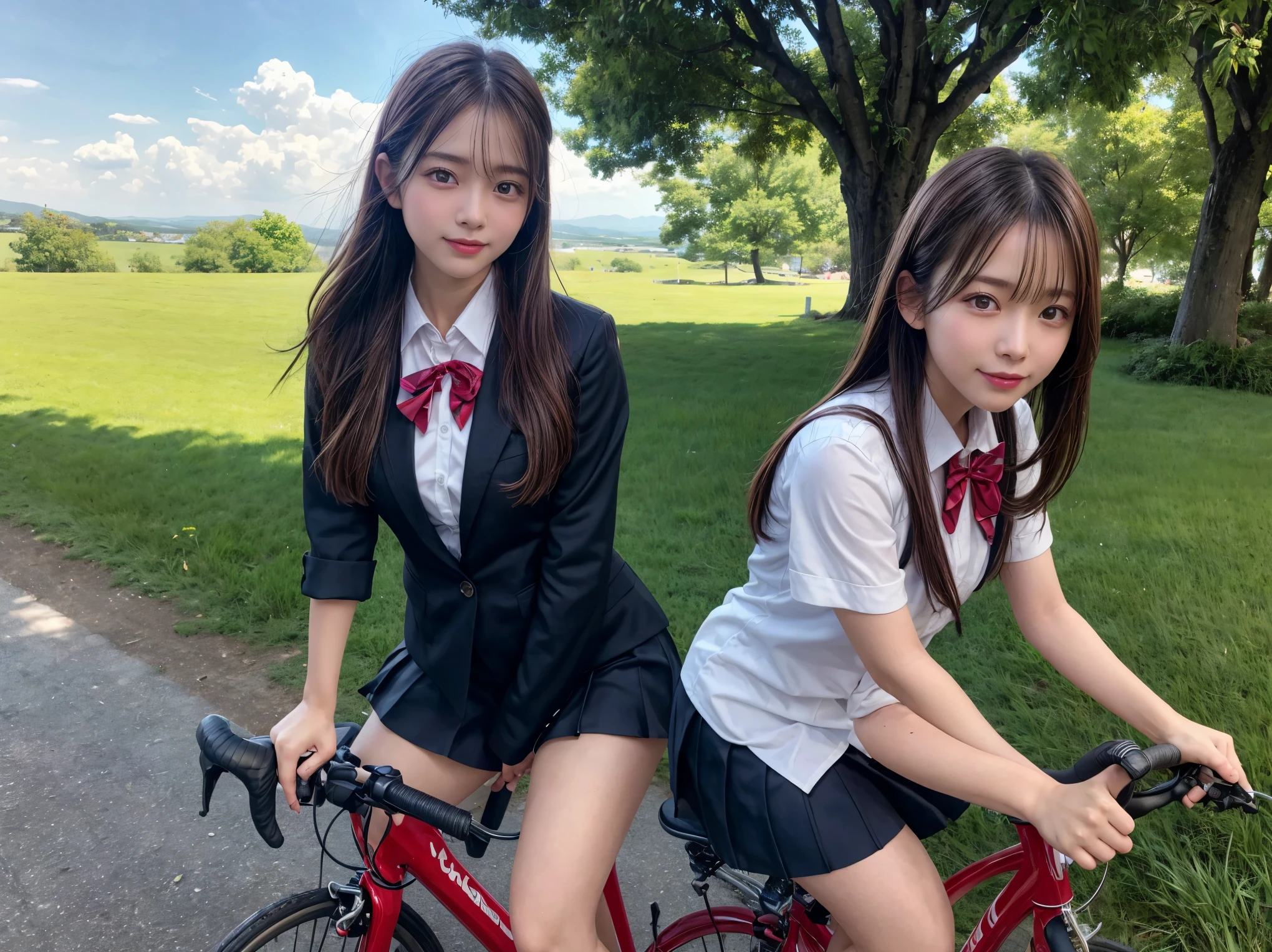 masterpiece, best quality, ultra detailed, Full-HD, 4K, 8K, a girl, , 2 girls, bicycle, smiling, riding bicycle, looking at viewer, short hair, straight hair, blonde, brown eyes, glamorous, school uniform, cute face, on the road, with a grassland, blue sky and shining lights, realistic photo, hyperrealistic photo, nsfw, full body shot, side view, wide view, depth of field