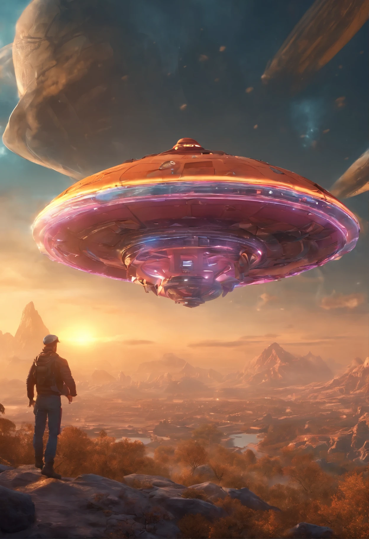 In the future world there is a handsome guy flying a flying saucer