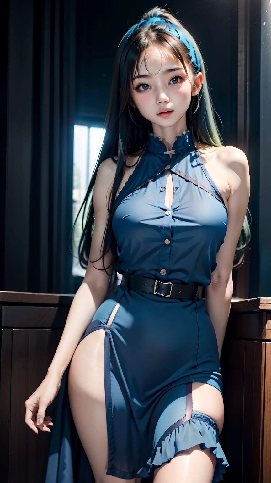 (((horizon blue world:1.3)))、highest quality, table top, High resolution, (((1 girl))), ,(((i am horizon blue:1.3)))、horizon blue dress、((horizon blue shirt:1.3、horizon blue color block dress)), Tyndall effect, realistic, shadow studio,Ultramarine lighting, dual tone lighting, (high detail skin: 1.2)、dim lighting、dark lighting、 Digital single-lens reflex camera, photograph, High resolution, 4k, 8k, background blur,fade out beautifully、horizon blue world