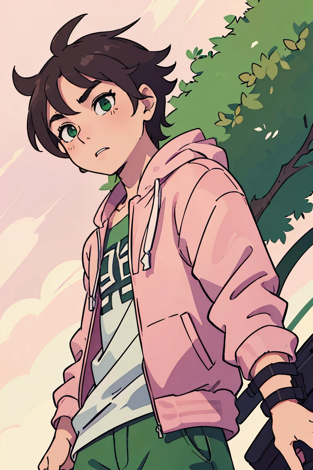 (best quality:0.8) perfect anime still frame, punk guy with brown hair and green eyes wearing a pink jacket.