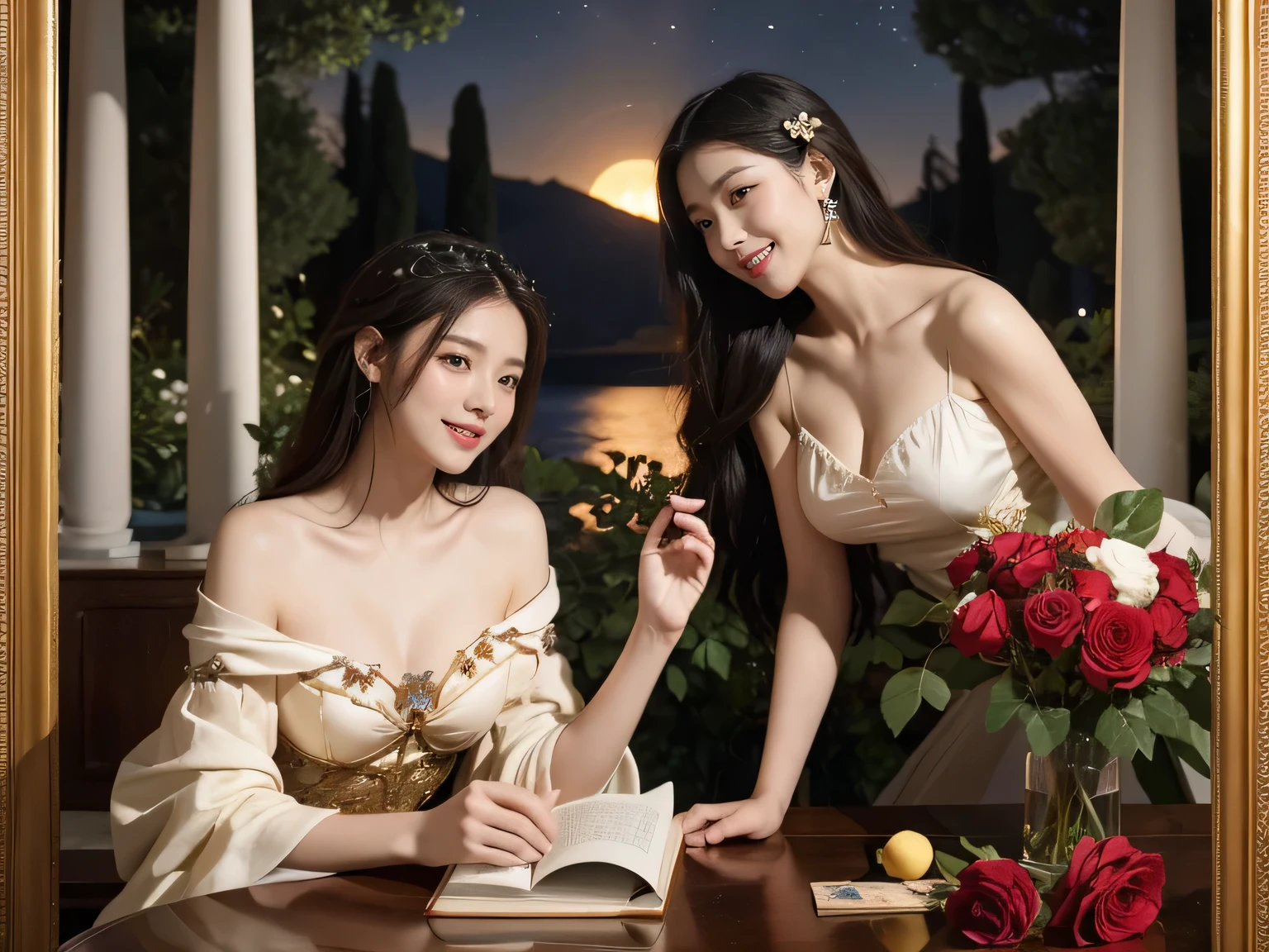 Giorgione painting style,Arguments of two female Philosophe,math、astronomical machine、astronaut、roses in vase、fruits、Cute trinkets、smile、ancient greek costume、Background is a forest lake at night 、Clothes that stretch your shoulders、A big smile、beautiful bare skin、A detailed representation of the seducing woman throughout her body.
