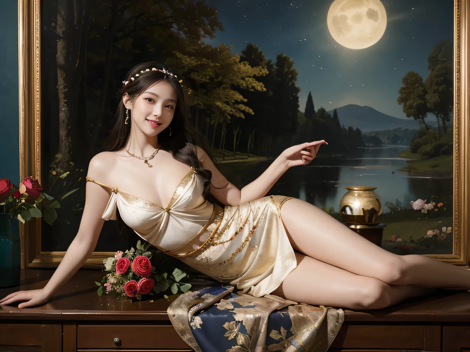 Giorgione painting style,Arguments of two female Philosophe,math、astronomical machine、astronaut、roses in vase、fruits、Cute trinkets、smile、ancient greek costume、Background is a forest lake at night 、Clothes that stretch your shoulders、A big smile、beautiful bare skin、A detailed representation of the seducing woman throughout her body.