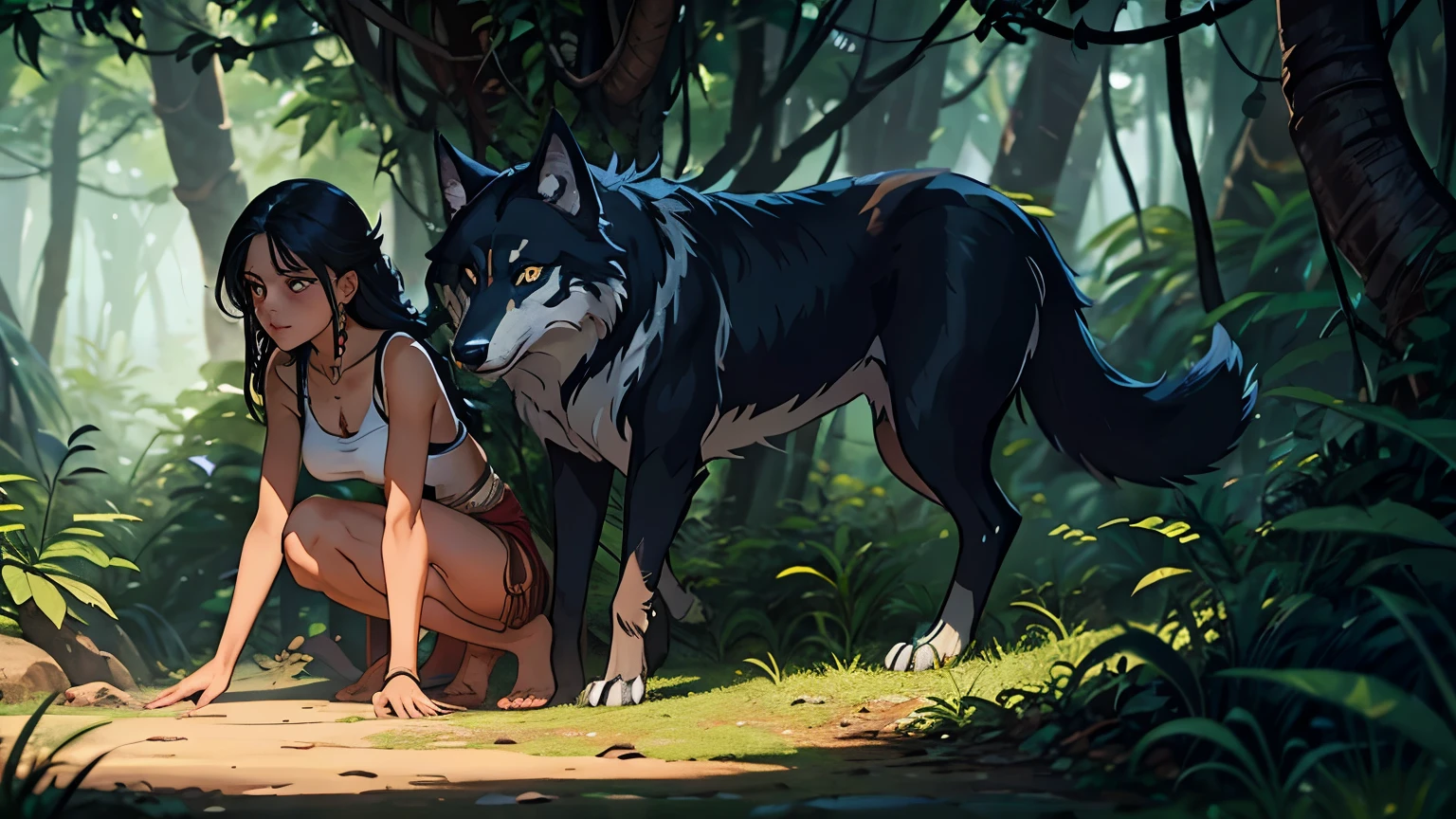 Raksha, a she-wolf, prowls through the underbrush. Her keen senses detect a faint cry. Following the sound, she discovers a bundle of leaves, revealing a crying baby – Mowgli.