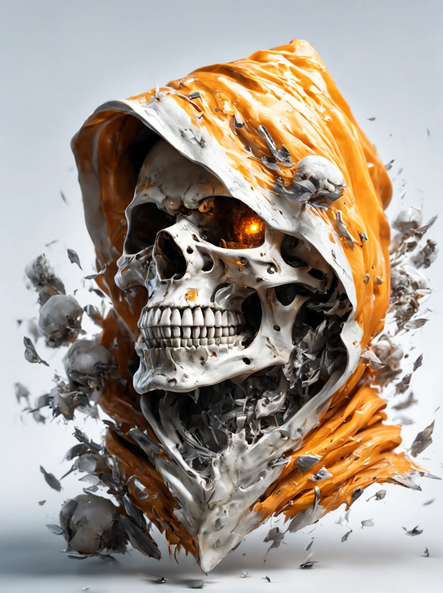 A skull in an orange hoodi, ultra realistic, sharp focus, white background, uhd, 8k