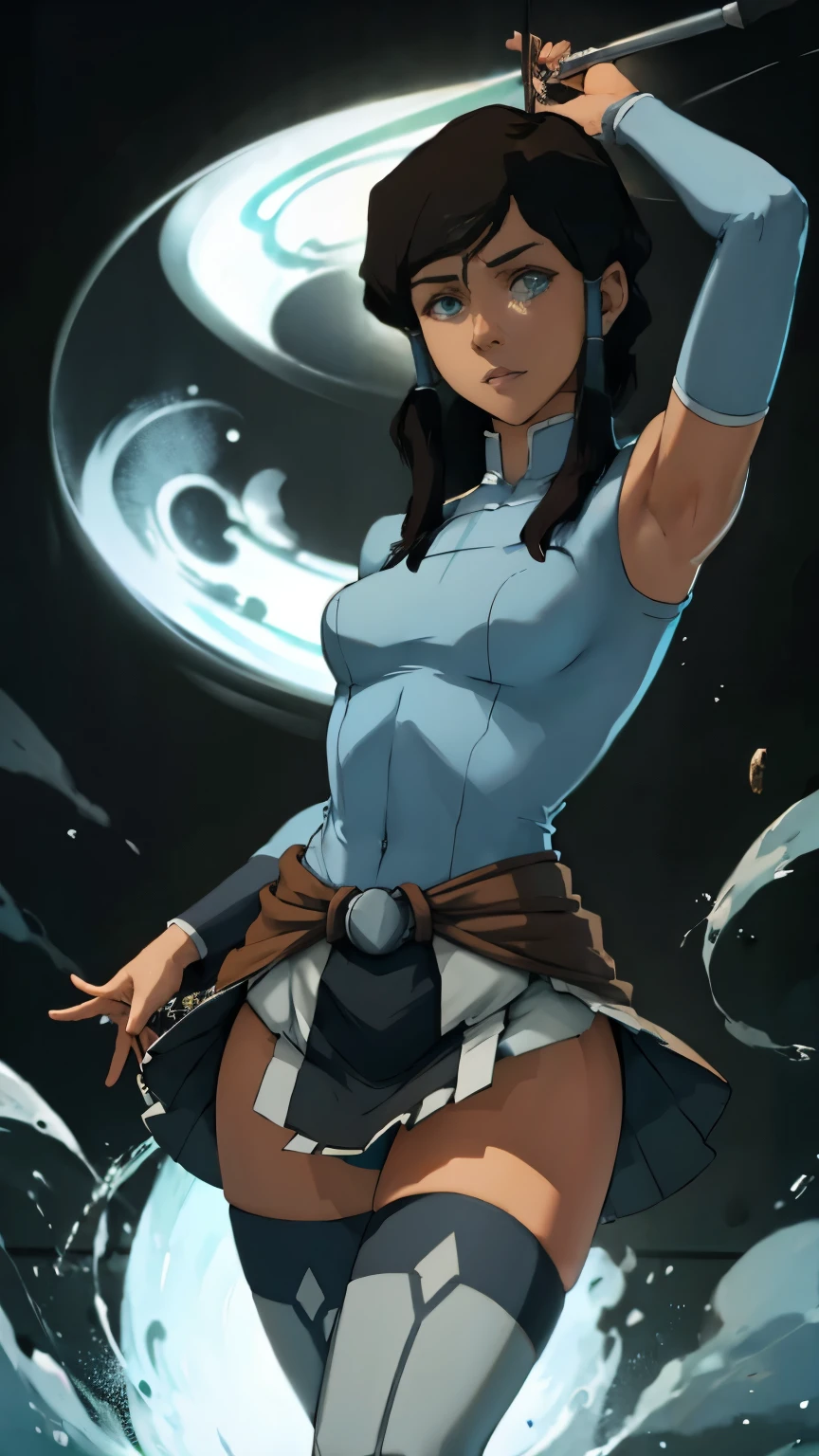 Avatarkorra, uniform, her legs spread open, lifting skirt, looking at viewer, 