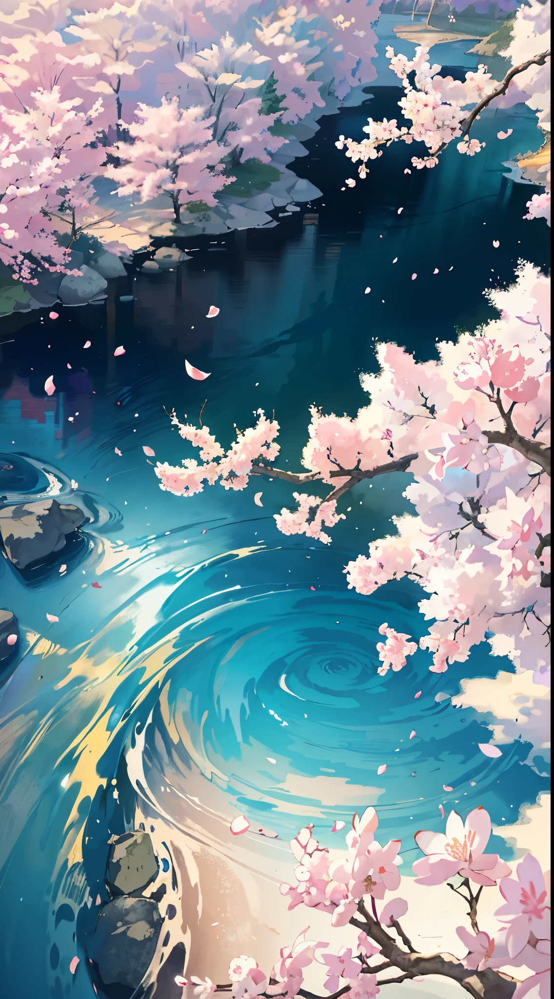 original,(illustration:1.1),(best quality),(masterpiece:1.1),(extremely detailed CG unity 8k wallpaper), (colorful:1.2), sakura tree, sakura petals,landscape, river|road,
