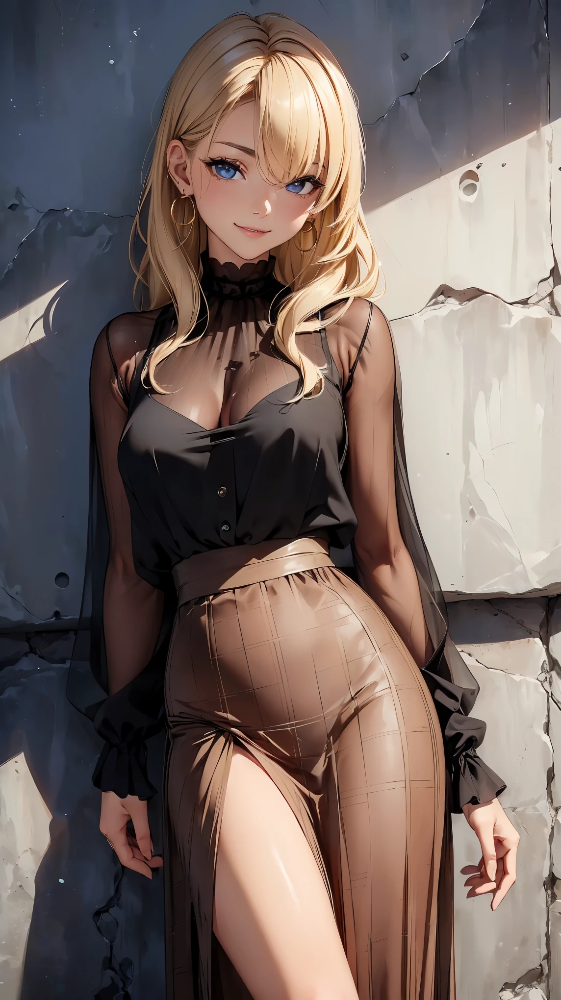 (8k, RAW photo, 最high quality, masterpiece:1.2), High-definition RAW color photo, Professional photo shoot, cinematic light, alone, (((young woman))), (detailed expression), (round eyes), (small face), (high detail skin:1.2), clavicle, cute face, beautiful appearance, long eyelashes, (blonde, wavy hair, Hide one eye with bangs, blue eyes), (red earrings), (slim body shape:1.4, A woman with a slender figure and big breasts), very detailed顔と肌の質感, fine eyes, double eyelid, joy, (((Fun time, smile))), ((facing the front:1.2)), ((photo shootのためポーズをとる, sexy pose)), (In front of the concrete wall:1.5), (((long sleeve checked sheer blouse_Brown color))), (((A-line maxi skirt_black color))), ((photo shoot, whole body)), Stand in a pose:1.2, beautiful skin, shiny skin, perfect fingers, five fingers, anatomically correct, background bokeh, high quality, surreal, bright colors, ((Nikon, 135㎜, f/1.8, very detailed, photo shoot)),
