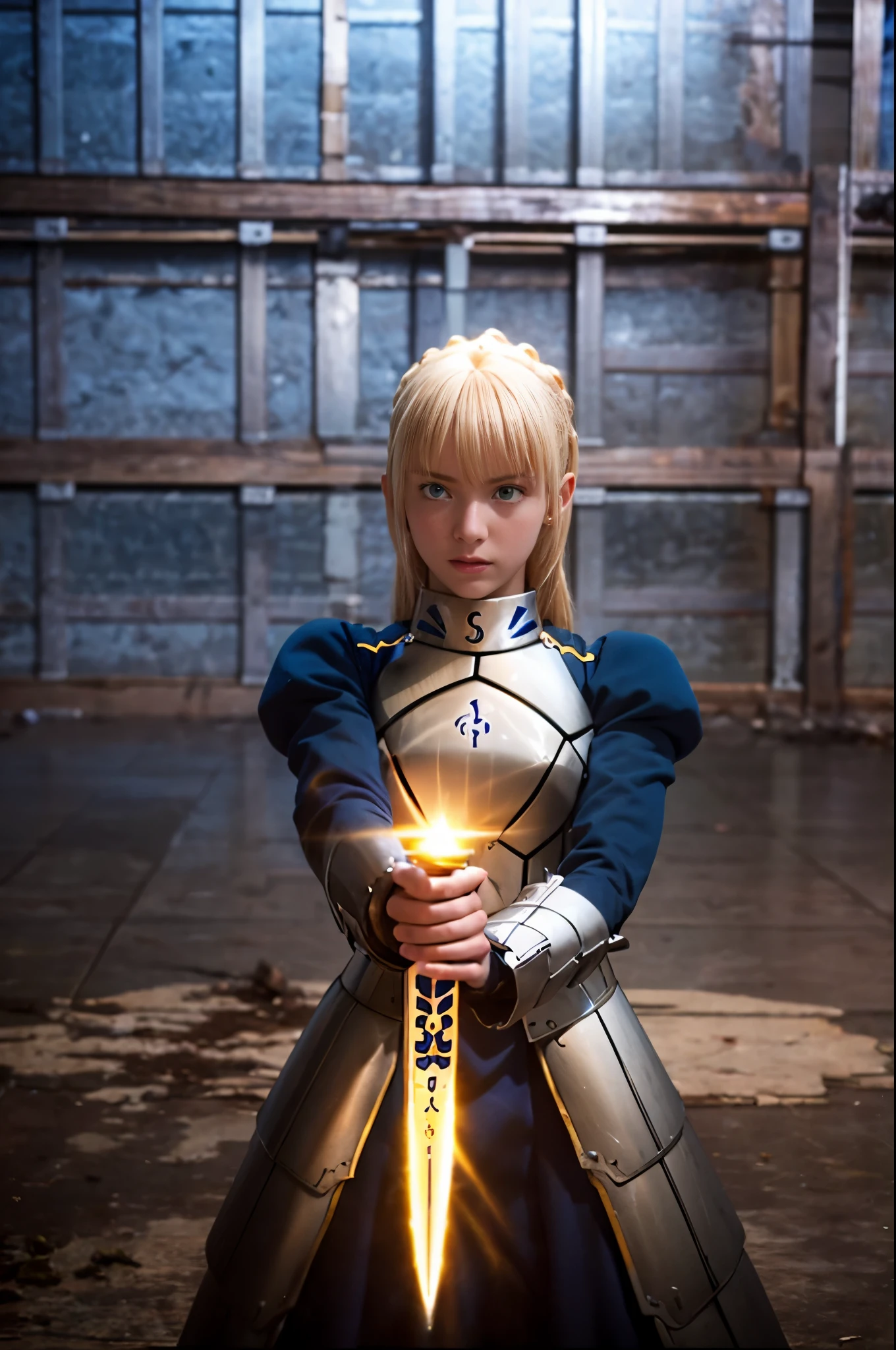 1girl,(((17 years old))),(a blond), (braided single hair bun)), (huge breast:1.5), (((armor))),(((showing nipples))), ((beautiful anime eyes with fine detail)), ((indigo blue ribbon)), realistic skin, (intricate details), ((lighting forward)), depth field, ((ultra high resolution, high res)), {highres}, {{very fine 8KCG wallpapers}}, {{very precise detailed}}, ((((masterpiece)))),background old castle, ((grasp a excalibur)), ((golden sword))