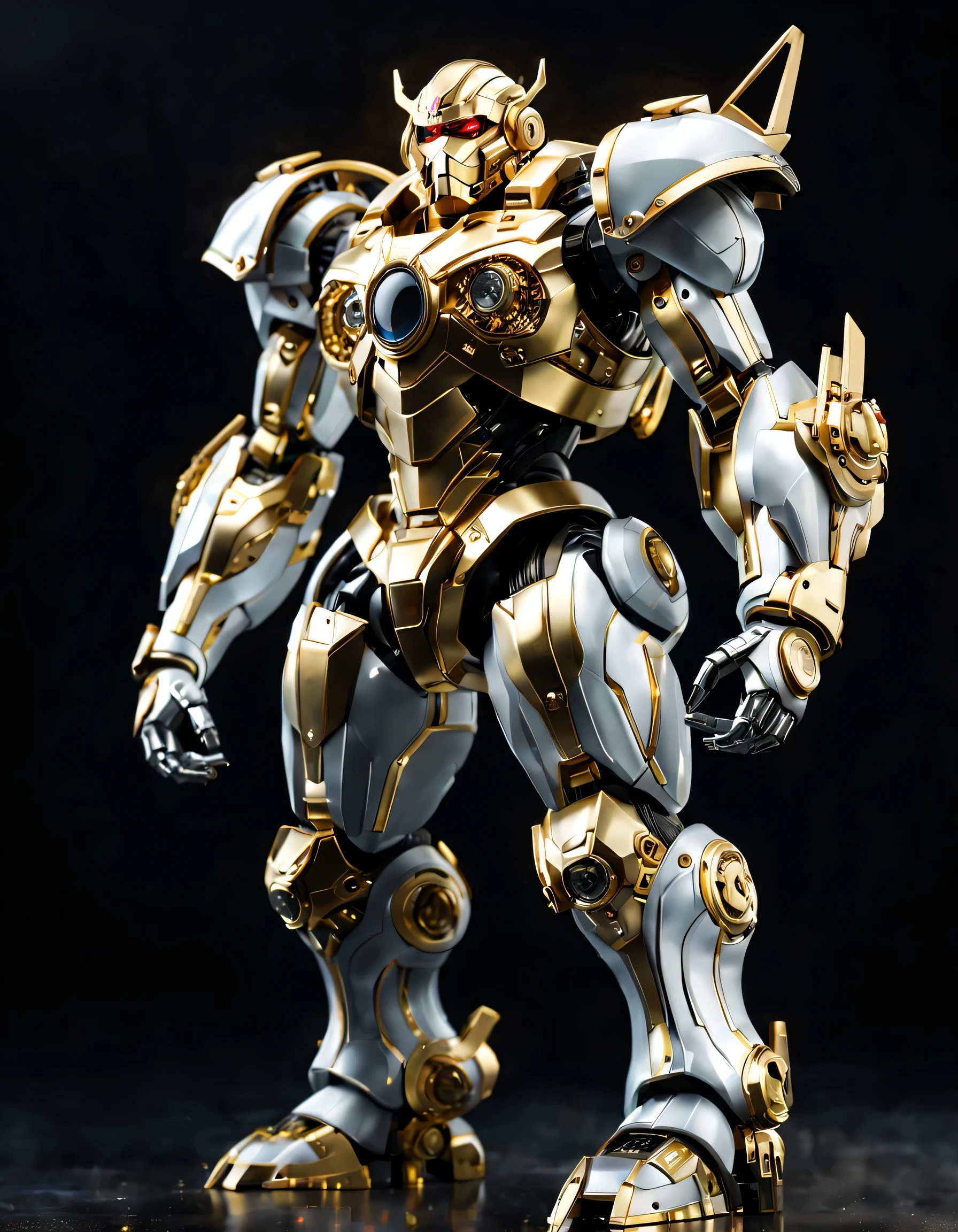 (full-body shot:1.5), (full view:1.5), personification,Pure black background, A Platinum Ape transparent mecha stands on the ground in a fighting posture,Exquisite white transparent glass mechanical armor, Metal mechanical mask, Precision luminous electronic eye,(The internal structure is complex and precise:1.2), Exquisite and complex golden mecha texture, (gold mechanical thread:1.2), (Well-designed, high detail, masterpiece, best quality, ultra high definition, Sharpen details, ,metallic feel),New Jersey RS