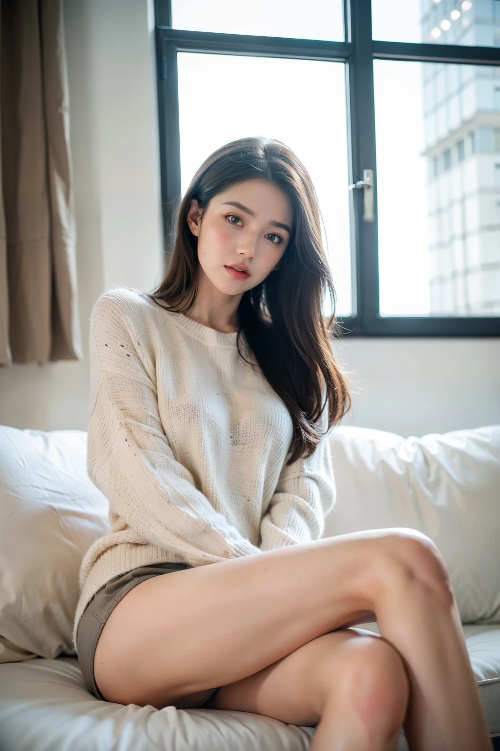 (masterpiece:1.3), (8 thousand, realistic, RAW photos, best quality: 1.4), (1 woman), beautiful face, (realistic face), (black hair, long hair:1.3), beautiful hairstyle, realistic eyes, beautiful and delicate eyes, (realistic skin), beautiful skin, (sweater), absurd, attractive, ultra high resolution, extremely realistic, very detailed, golden ratio, whole body, naked, stockings, full shot, high heel, Looking straight ahead, Sit with your legs wide apart