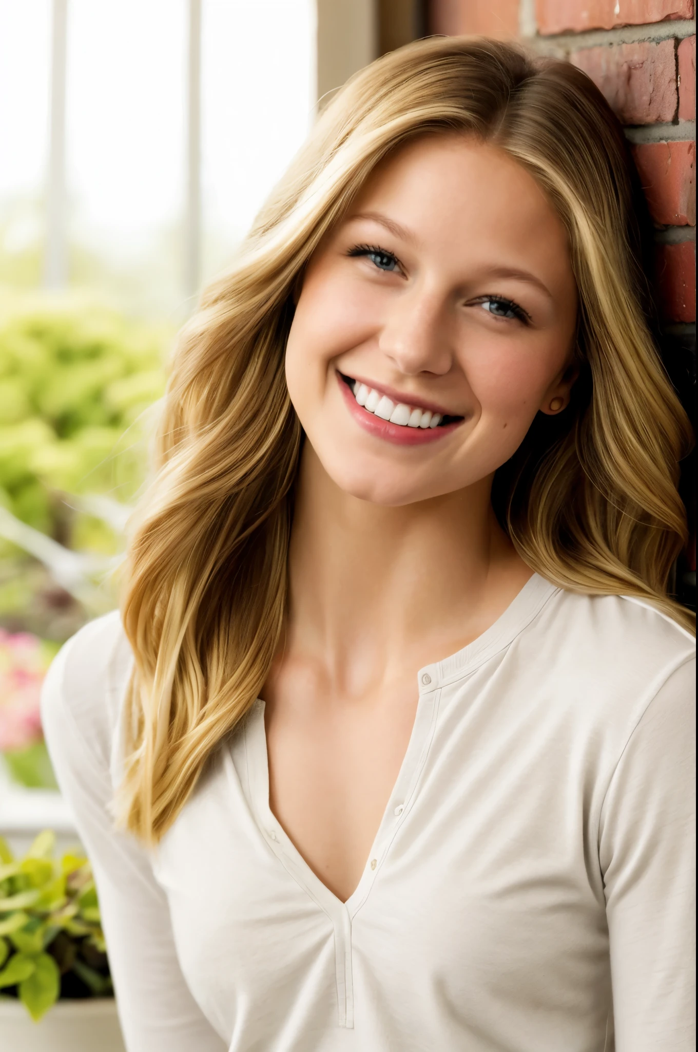 photo of a beautiful young woman, (melissa benoist), happy, casual clothes, a woman with long blonde hair,attractive beautiful  woman,  realistic, uhd, soft lighting, professional lighting, indoors, extremely detailed background, indoors garden, looking at viewer, lifelike texture, amateur lighting , 