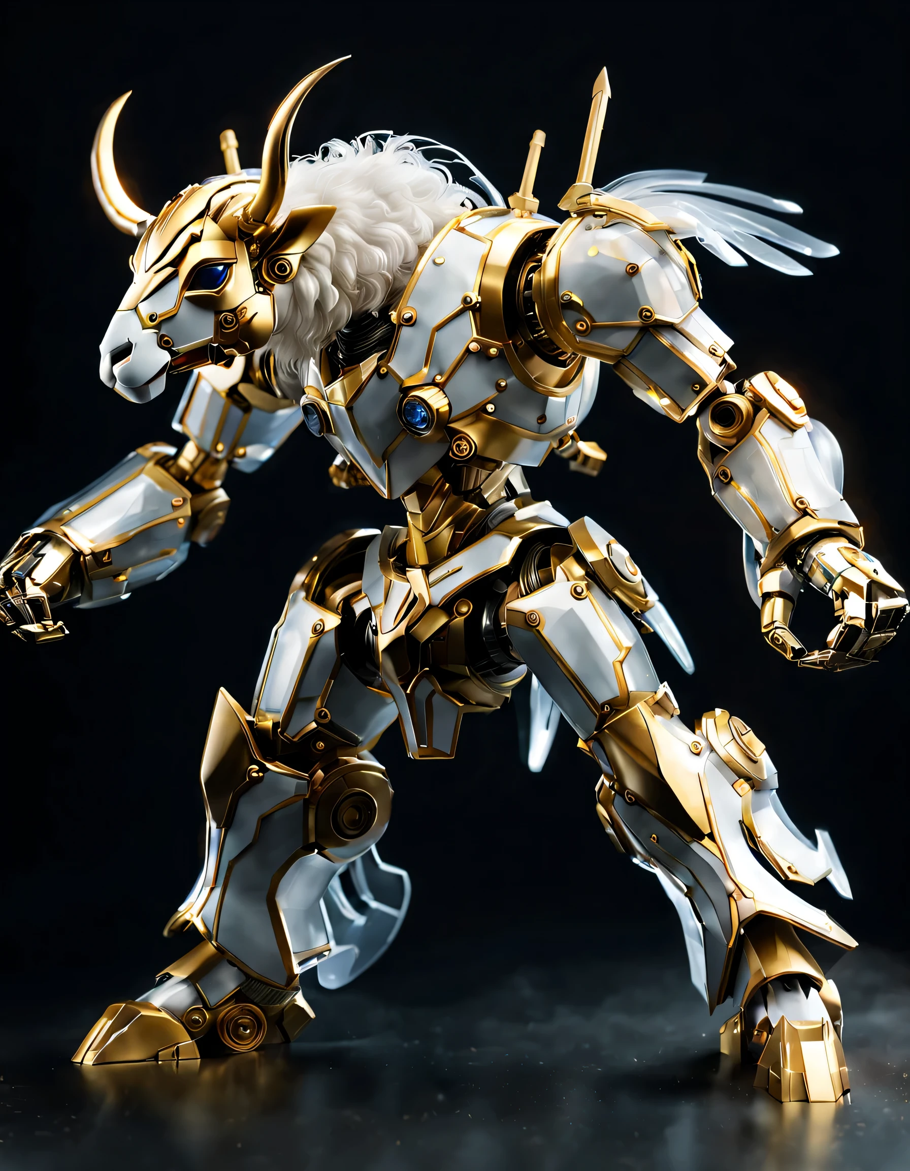 (full-body shot:1.5), (full view:1.5), personification,Pure black background, A platinum sheep transparent mecha stands on the ground in a fighting posture,Exquisite white transparent glass mechanical armor, Metal mechanical mask, Precision luminous electronic eye,(The internal structure is complex and precise:1.2), Exquisite and complex golden mecha texture, (gold mechanical thread:1.2), (Well-designed, high detail, masterpiece, best quality, ultra high definition, Sharpen details, ,metallic feel),New Jersey RS
