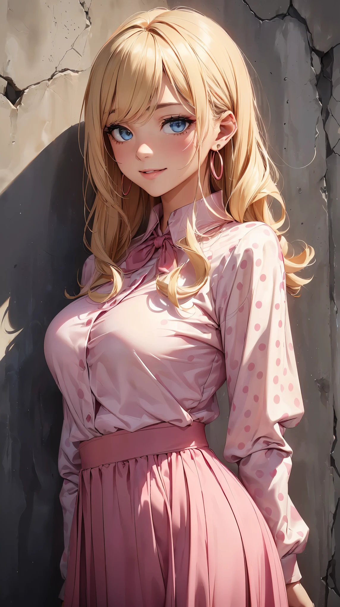 (8k, RAW photo, 最high quality, masterpiece:1.2), High-definition RAW color photo, Professional photo shoot, cinematic light, alone, (((young woman))), (detailed expression), (round eyes), (small face), (high detail skin:1.2), clavicle, cute face, beautiful appearance, long eyelashes, (blonde, wavy hair, Hide one eye with bangs, blue eyes), (red earrings), (slim body shape:1.4, A woman with a slender figure and big breasts), very detailed顔と肌の質感, fine eyes, double eyelid, joy, (((Fun time, smile))), ((facing the front:1.2)), ((photo shootのためポーズをとる, sexy pose)), (In front of the concrete wall:1.5), (((long sleeve blouse_pink color))), (((maxi skirt with large dots_black+pink color))), ((photo shoot, whole body)), Stand in a pose:1.2, beautiful skin, shiny skin, perfect fingers, five fingers, anatomically correct, background bokeh, high quality, surreal, bright colors, ((Nikon, 135㎜, f/1.8, very detailed, photo shoot)),