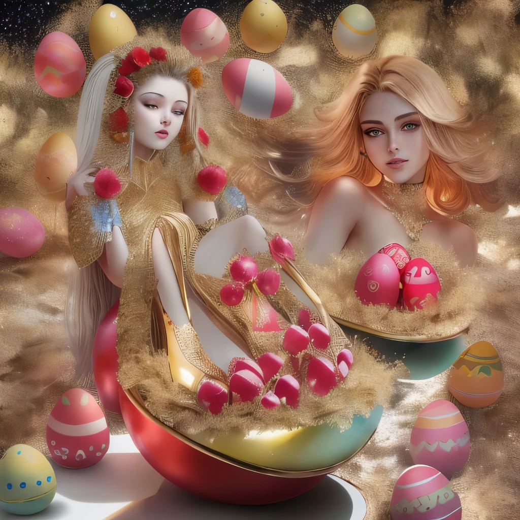 (full body, naked, female hera lie on giant oyster and sponges coral), white hair, many angel female and angel male fly in sky, baby with wing in the cloud, hairy torso, fantasy, intricate, elegant, highly detailed, digital painting, artstation, concept art, smooth, sharp focus, illustration,