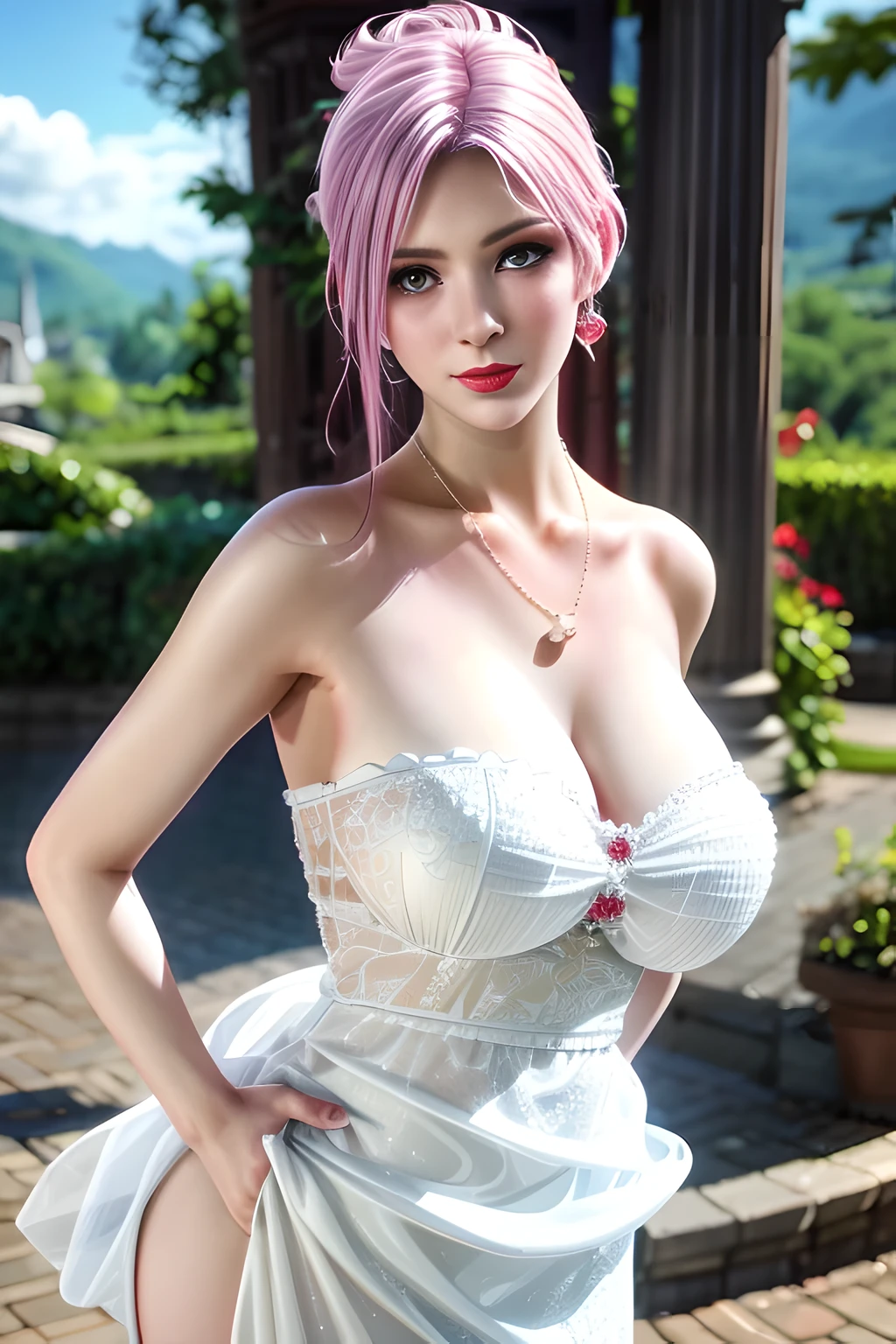 1 girl,Alice,(pajamas),(White strapless dress:1.4),Outdoor activities,  (standing posture),grace,(((red lips))), Lips slightly open,  clavicle,Lactation,(huge breasts:1.3),skin shiny,((8k, original photo, top quality, masterpiece), HD RAW color photos professional close-up photos, (actual, photorealism: 1.37), (best quality),8k,Fabric luster,alone,