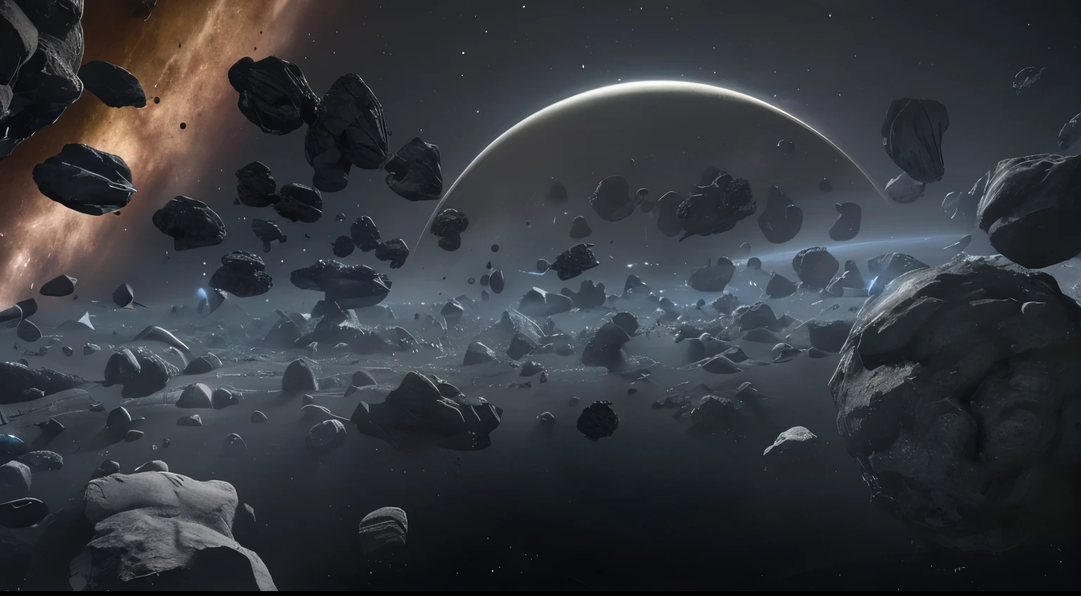 view of the planet with many inhabited and inhabited stones and a star, asteroid belt, asteroid belt in distance, asteroids, asteroids realistic cinematic, on the surface of an asteroid, Star Citizen concept art, Orbital spacecraft, Star Citizen digital art, metal asteroid, Elite dangerous, floating dust particles, Meteorites, Floating Planets, planets behind, Star Citizen