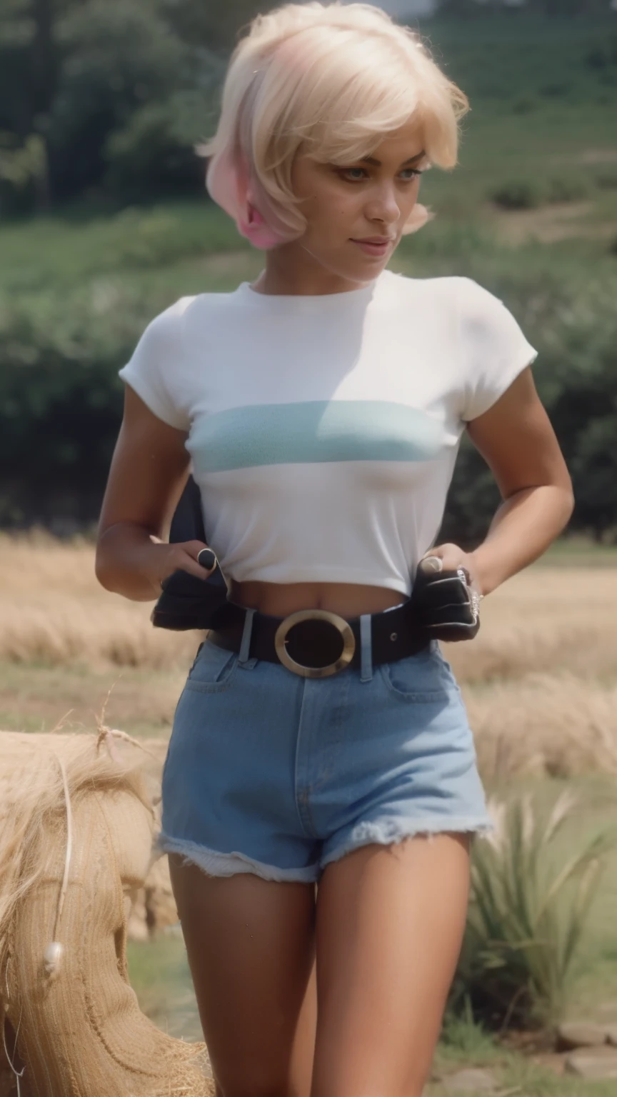 gwen tennyson,tracer,y'shtola rhul,yorha 2b,overwatch,nier automata,mecha pilot,ranch,tattoos,orange and pink plugsuit,white short sleeve lycra top,denim micro shorts,uncovered belly,short hair,punk makeup,green eyes,multicolored silver hair,sexy smile,freckles,beautiful girl,large ,8k,ultra detailed,realistic,fantasy art,ear piercings,rancher uniform,saiyan girl,short sleeve plaid shirt,cowboy belt, hay field,walking,chain necklace,straw hat,