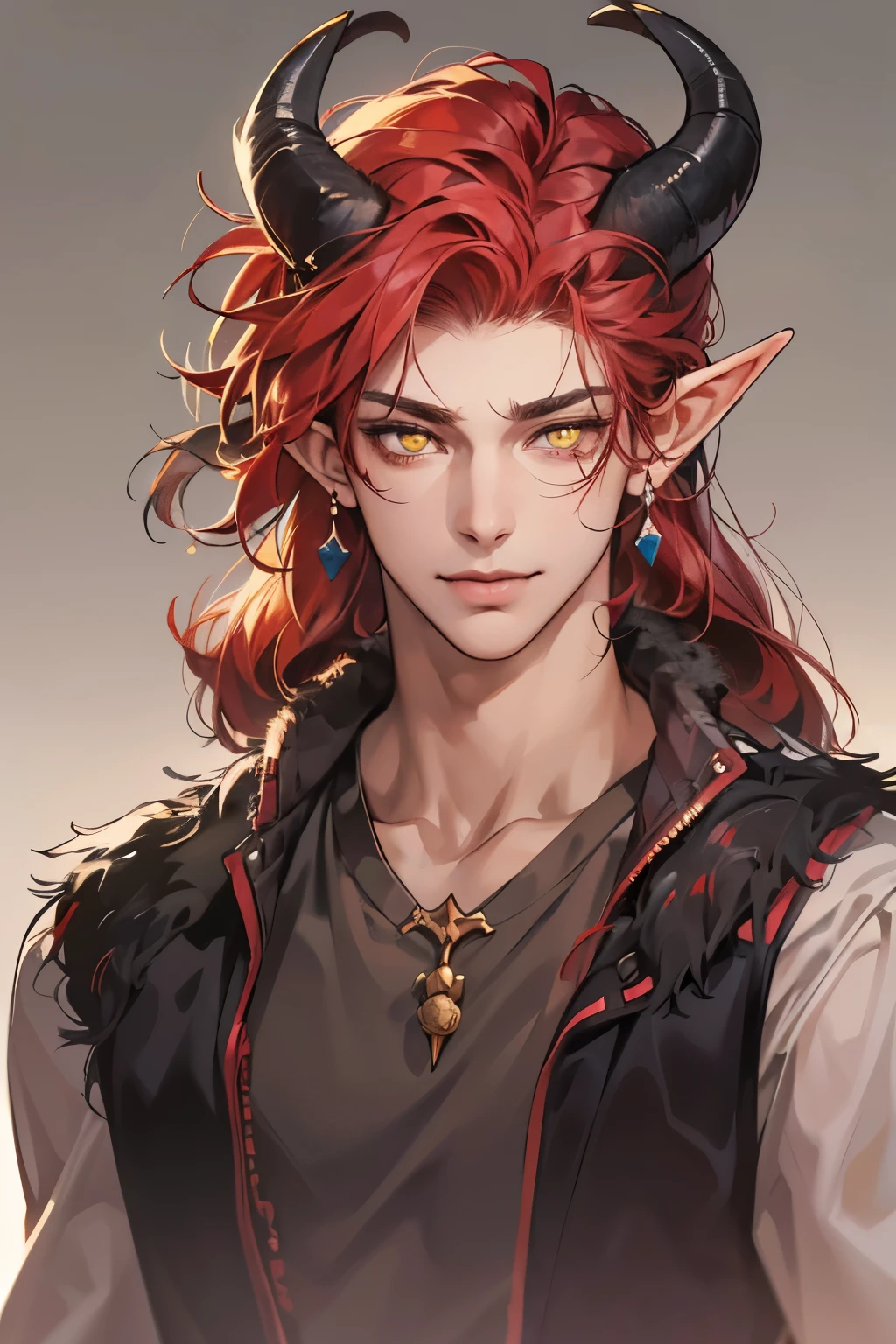 (table top, digital art, digital illustration, 4k, 8k, Super detailed, beautiful images, clear image, realistic, RAW photo, perfect face, perfect lines, perfect eyes, soft lighting) 1 male human, (redhead、long hair、amber eyes,messy hair、bullish look,Smile confidently、devil、It has two black horns on its head...、Pointed elf-like ears、32 years old:1.3),ハンサムなmale性, (White T-shirt with dowel dowel、vest、muscular、Thin macho,solid shoulder width, male:1.2),足を組んでking座に座る、king、Demon king、hair blowing in the wind、Healthy tanned skin、desert oasis、1guy , dark skin,pointy ears, phairs between eyes,ahoge,(stubble:0.5), red hair and horns on his head , ((handsome)), ((red long hair),(black cow horns),((yellow eyes)), (sharp years), fur vest,fur_trim,white T-shirts,burgundy cargo pants, solo focus, wry smile,