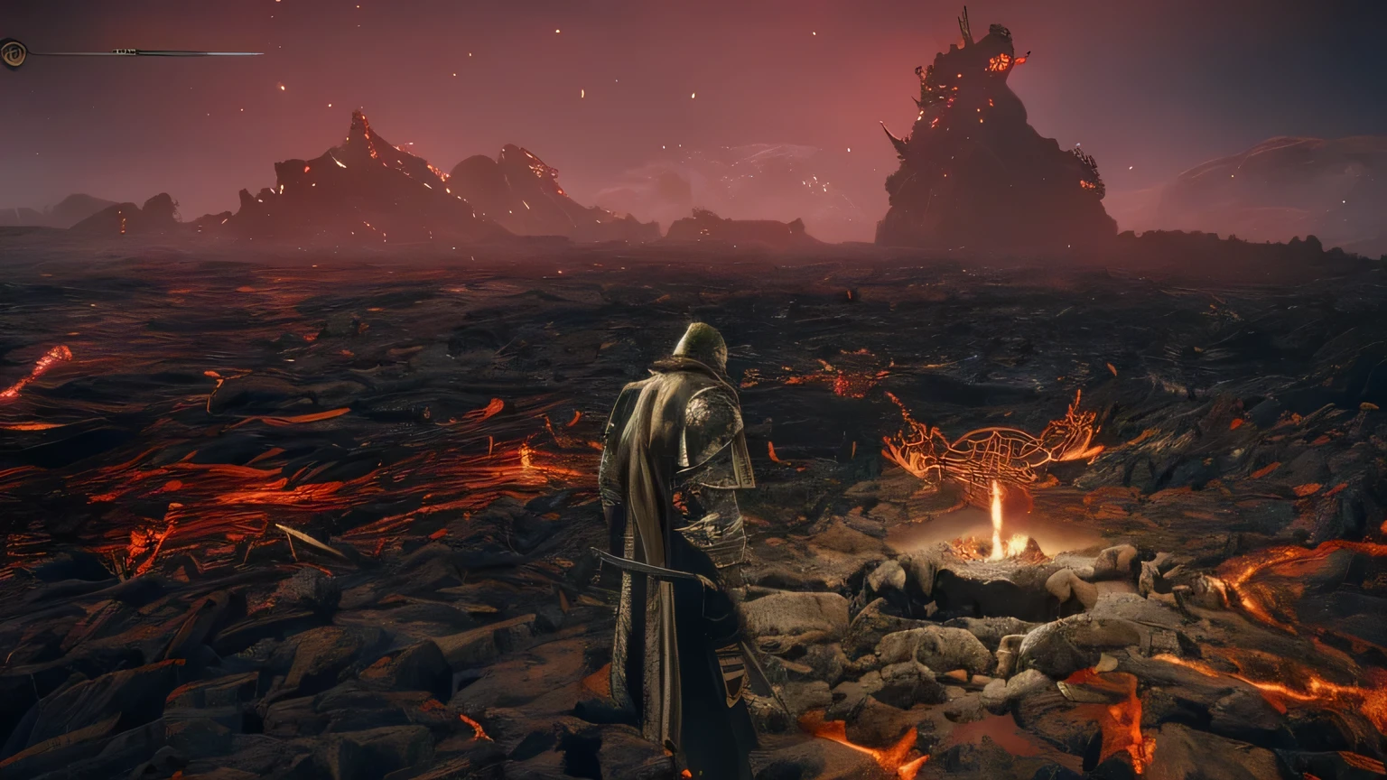Witch standing in lava field,holding candle in hand, ring of fire cinematic lighting, ring of fire boss, dark souls 3風格, ring of fire monster, ring of fire official, ring of fire art, ring of fire, ring of fire capitol, Bloodborne screenshots, in dark souls, after a big war, dark souls 3