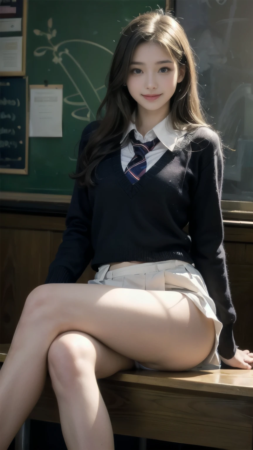 master piece, better quality, finely, 1 girl, expressive eyes, perfect face, enchanting smile, school uniform, (mini skirt) (crossed legs), sexy thighs, medium breasts、white panties、Plump body