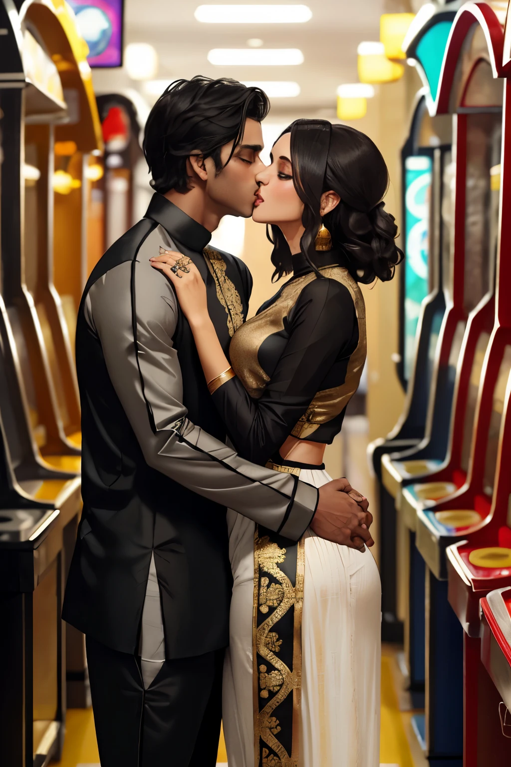 Man wearing grey and black full sleeved t shirt and black track pants kissing a sexy woman wearing a gold ethnic kurta and white pajama with gold embroidery in an arcade