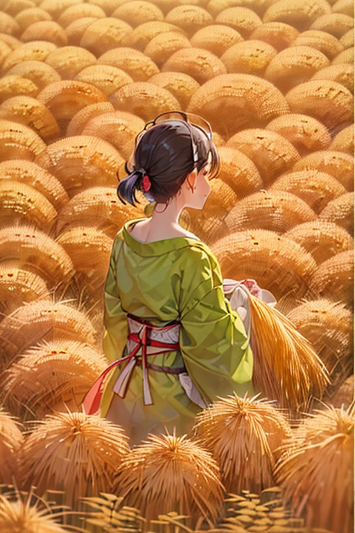 Japanese countryside scenery、A woman is in the rice field、A woman holds a bundle of rice with both hands、smile、Himiko、anatomically correct、Golden fields spread out all over、The ground of the rice field is dry。Fully ripened golden ears of rice、Mountains with autumn leaves in the distance、clear autumn sky、