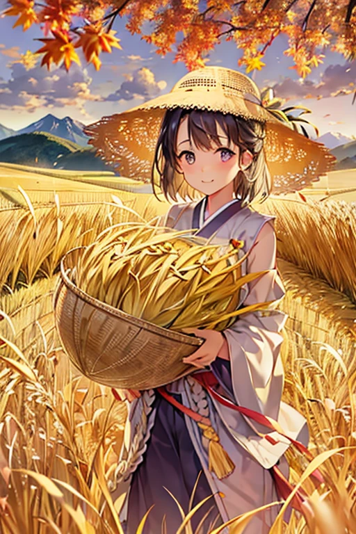 Japanese countryside scenery、There is a woman in the rice field、A woman holding a bundle of rice with both hands、smile、Himiko、anatomically correct、A golden field that spreads out all over、The ground of the rice field is dry。ripe golden ears of rice、Mountain with autumn leaves in the distance々、Clear autumn sky、