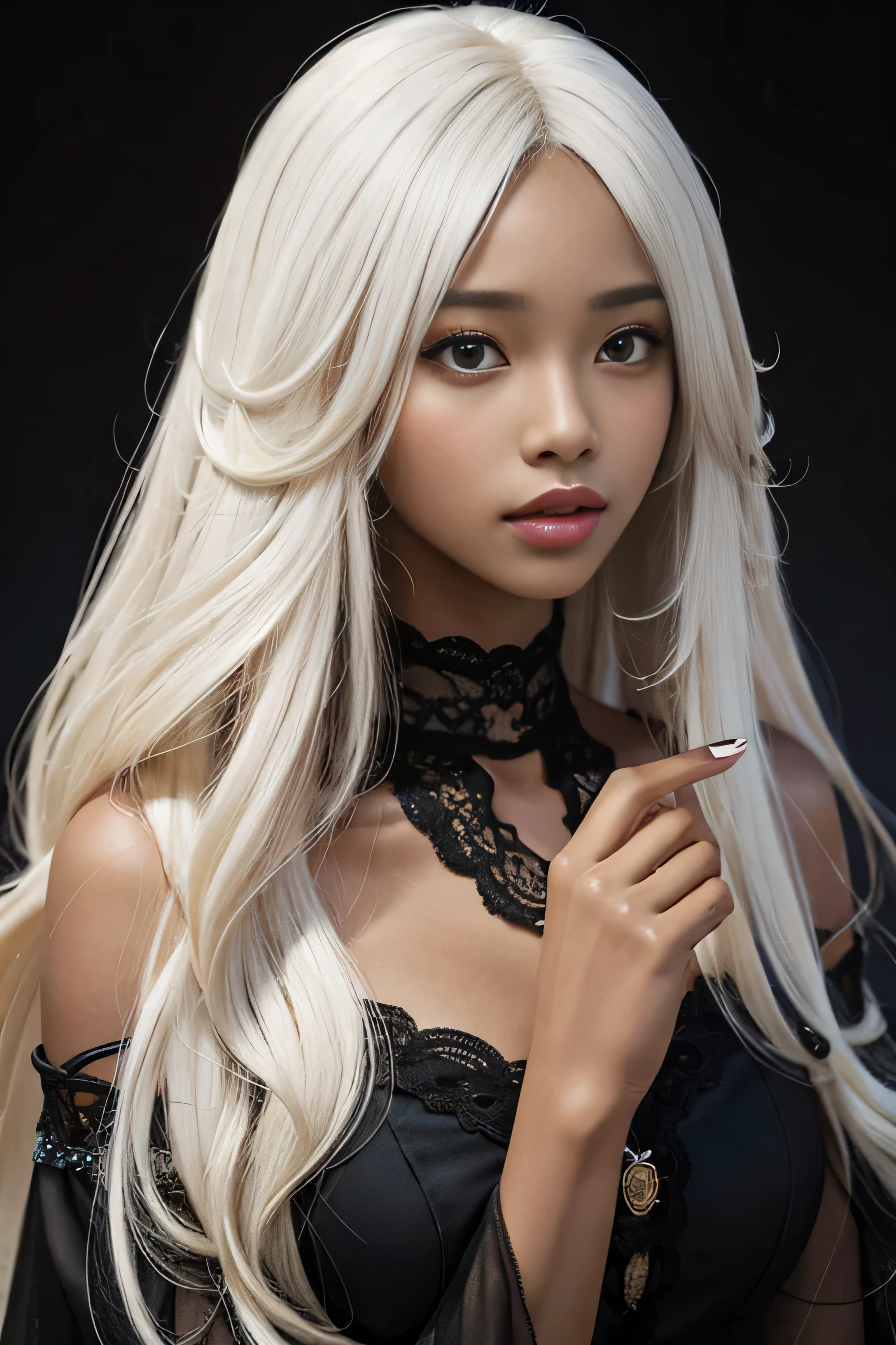 masterpiece, best quality, beautiful mixed 19 year old, ebony skin female, long, frizzy, curly white hair, perfect face, half body, long hair,