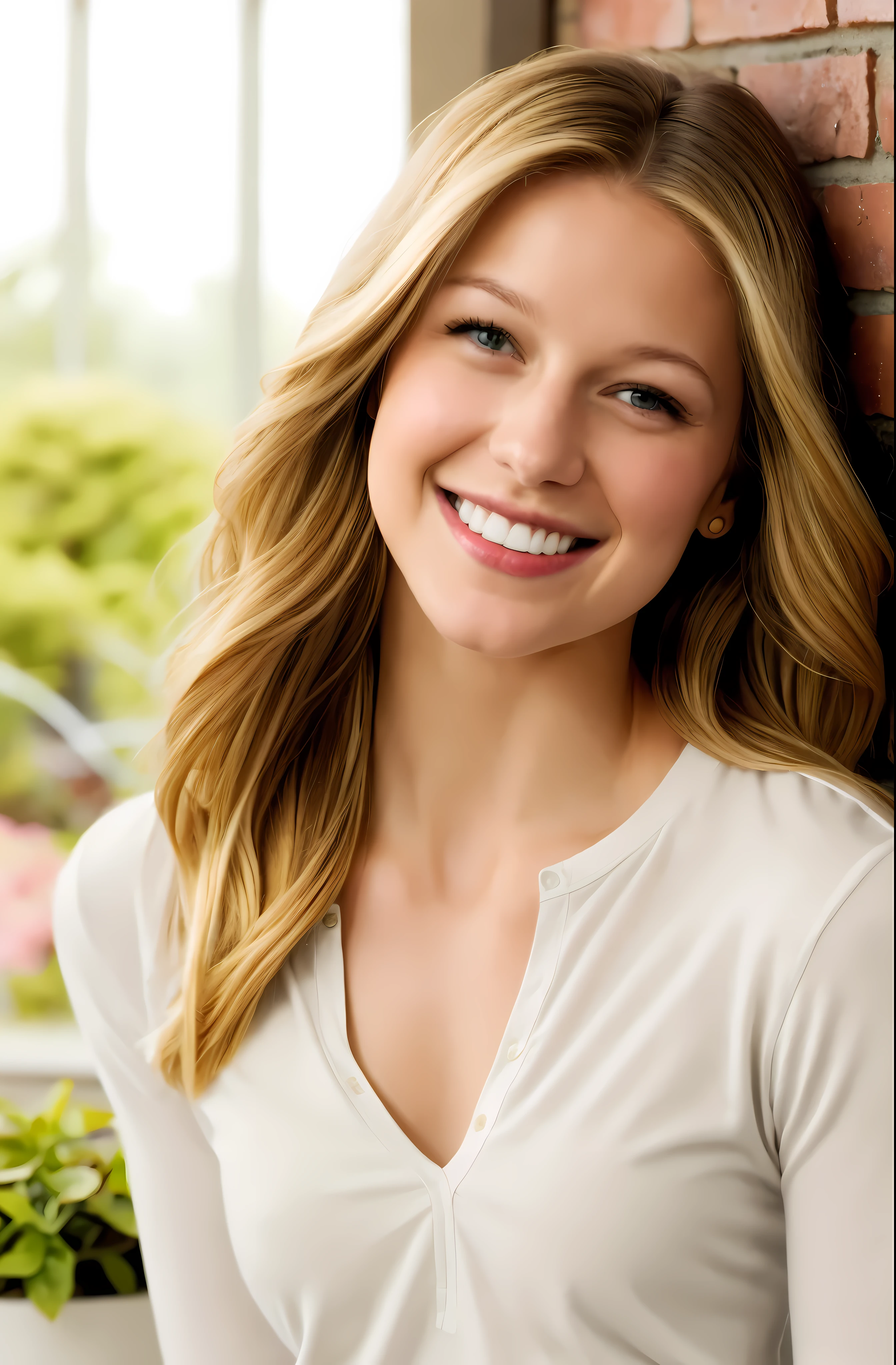 photo of a beautiful young woman, (melissa benoist), happy, casual clothes, a woman with long blonde hair,attractive beautiful  woman,  realistic, uhd, soft lighting, professional lighting, indoors, extremely detailed background, indoors garden, looking at viewer, lifelike texture, amateur lighting , 