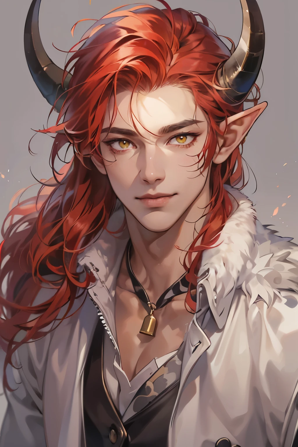 (table top, digital art, digital illustration, 4k, 8k, Super detailed, beautiful images, clear image, realistic, RAW photo, perfect face, perfect lines, perfect eyes, soft lighting) 1 male human, (redhead、long hair、amber eyes,messy hair、bullish look,Smile confidently、devil、It has two black horns on its head...、Pointed elf-like ears、32 years old:1.3),ハンサムなmale性, (White T-shirt with dowel dowel、vest、muscular、Thin macho,solid shoulder width, male:1.2),足を組んでking座に座る、king、Demon king、hair blowing in the wind、Healthy tanned skin、desert oasis、1guy , dark skin,pointy ears, phairs between eyes,ahoge,(stubble:0.5), red hair and horns on his head , ((handsome)), ((red long hair),(black cow horns),((yellow eyes)), (sharp years), fur vest,fur_trim,white T-shirts,burgundy cargo pants, solo focus, wry smile,